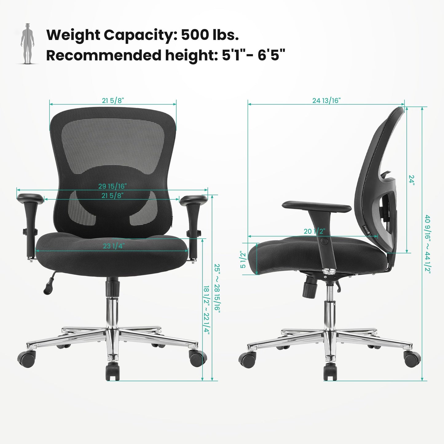 EUREKA ERGONOMIC Big and Tall Office Chair for Heavy People, Hoss 500lbs Heavy Duty Office Chair Mesh Ergonomic Desk Chair with Armrest, Rolling Chair with Wide Comfy Seat for Adult, Black
