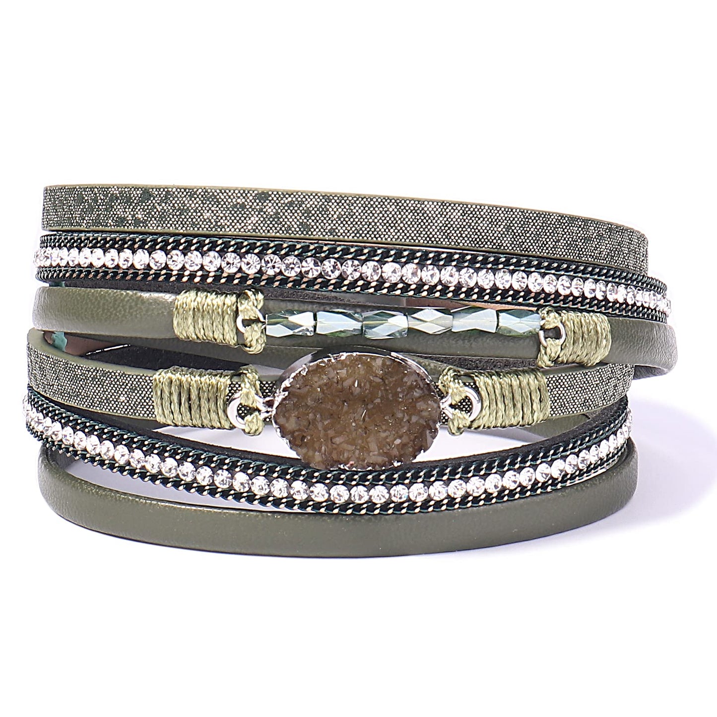 FANCY SHINY Boho Leather Wrap Bracelet Stackable Chunky Crystal Cuff Bracelets with Magnetic Clasp Cowboy Cowgirl Western Summer Beach Outfits Jewelry Gifts for Women (14.7", Green)