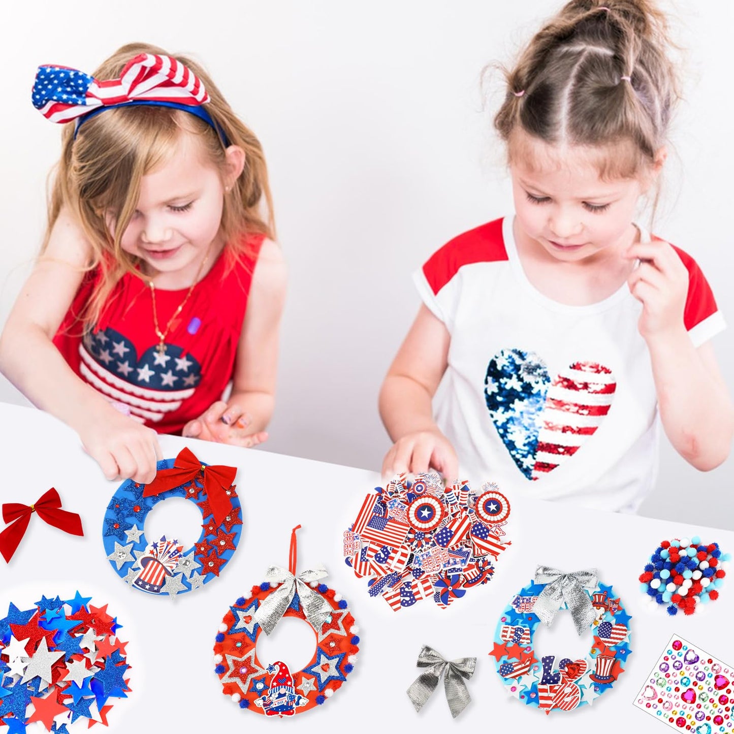 BOARDFEB 12 Sets 4th of July Crafts Kits DIY Patriotic Red White Blue Star Foam Wreath Signs Ornaments for Kids Independence Day Party Favors Gift Exchange Activities