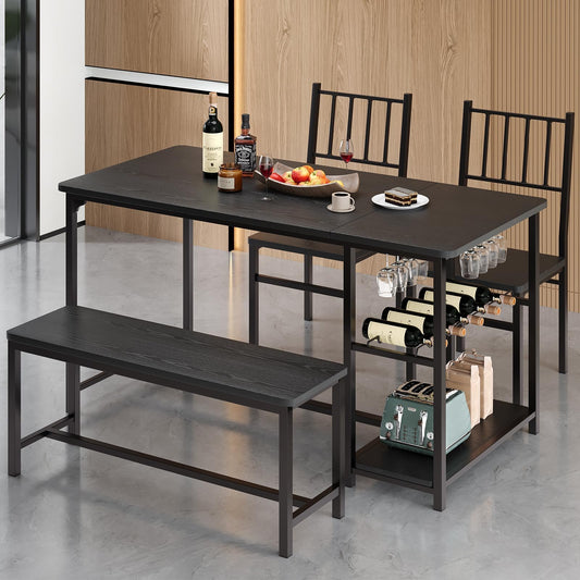 4 EVER WINNER Dining Table Set for 4, 55" Small Kitchen Table with Wine Rack & Wine Glasses Holder, Dining Room Table Set with 2 Chairs and Bench for Small Space, Black