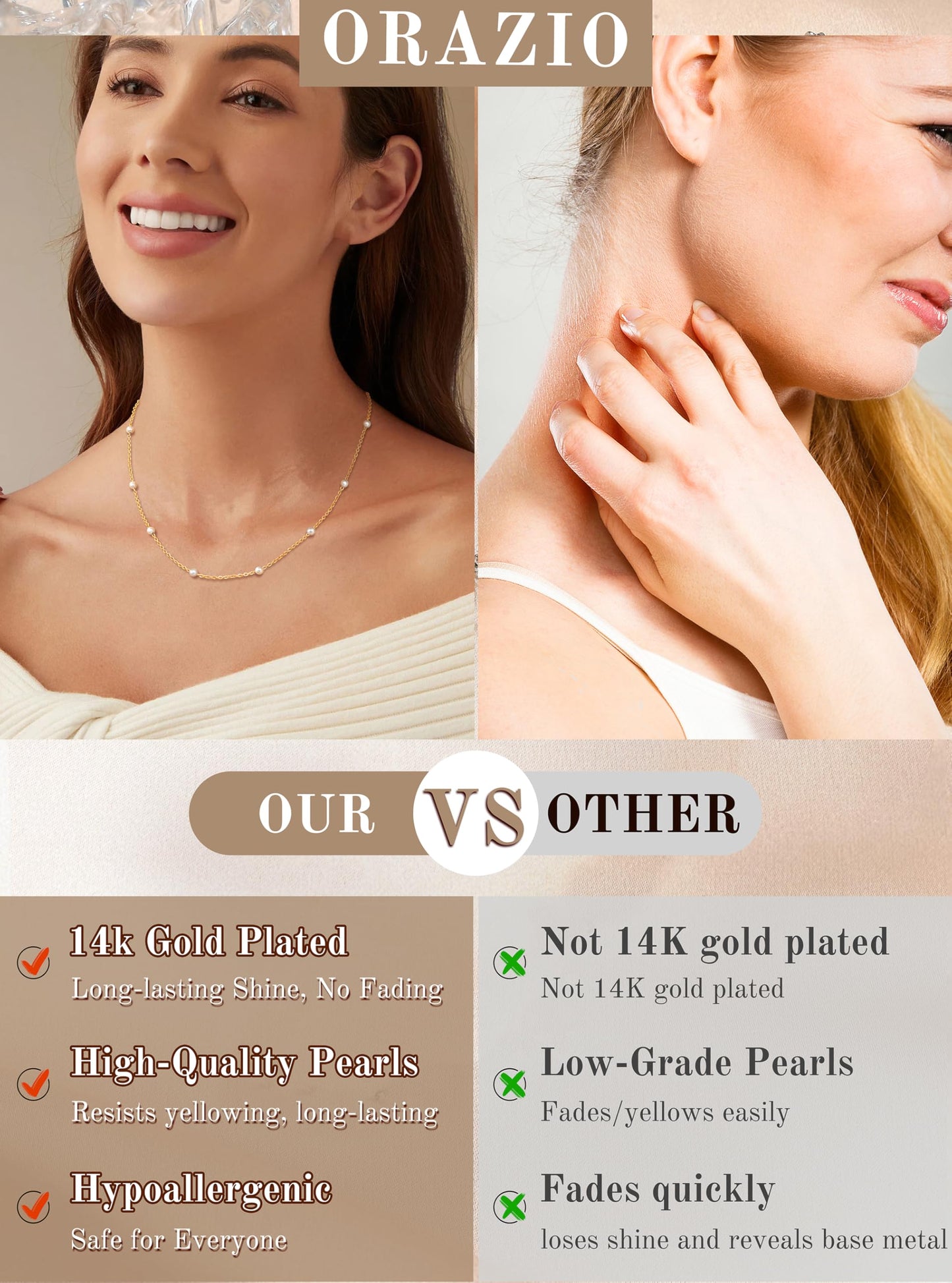 ORAZIO Dainty Gold Pearl Necklaces for Women, 14K Gold Plated Faux Pearl Choker Necklaces Trendy Small Pearl Necklace Strand Wedding Prom Bridal Pearls Jewelry Gifts 20 in 6mm