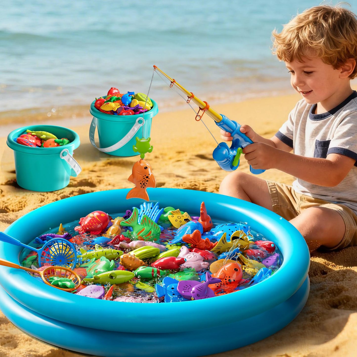 Magnetic Fishing Game Pool Toys for Kids 3 4 5 6 7 8, Water Table Bathtub Toys with Inflatable Pool, Bath Toys for Toddlers, Summer Outdoor Indoor Magnetic Fishing Toys Gifts for Boys Girls 3-5 4-8