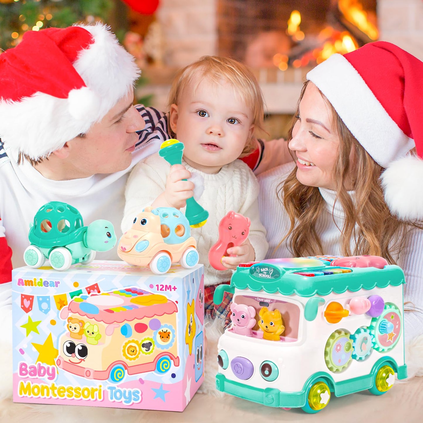 AmiDear Baby Gift for 1-2 Year Old Girl, 10-in-1 Montessori Toys Bus for Baby 6-12-18 Months+, First Christmas and Birthday Gifts, Blue Educational Musical Sensory Learning Toddler Toys Age 1-2