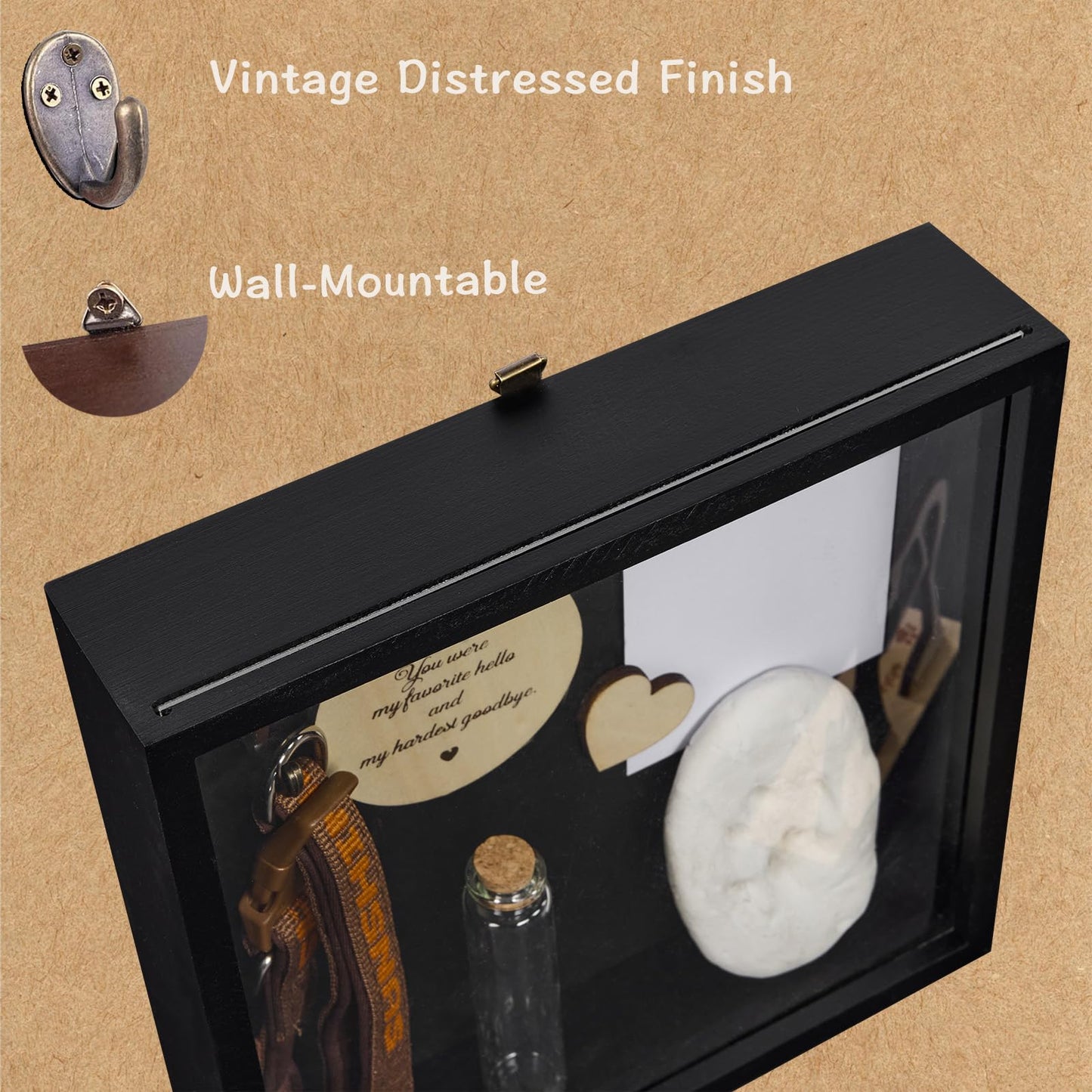 Beech Wood Pet Memorial Shadow Box with Custom Wooden Nameplate, Large Paw Print Ink Pad Kit & Dog Paw Keepsake Keychain, Pet Ashes Fur Jar Sympathy Gift for Dog & Cat Lovers,Black