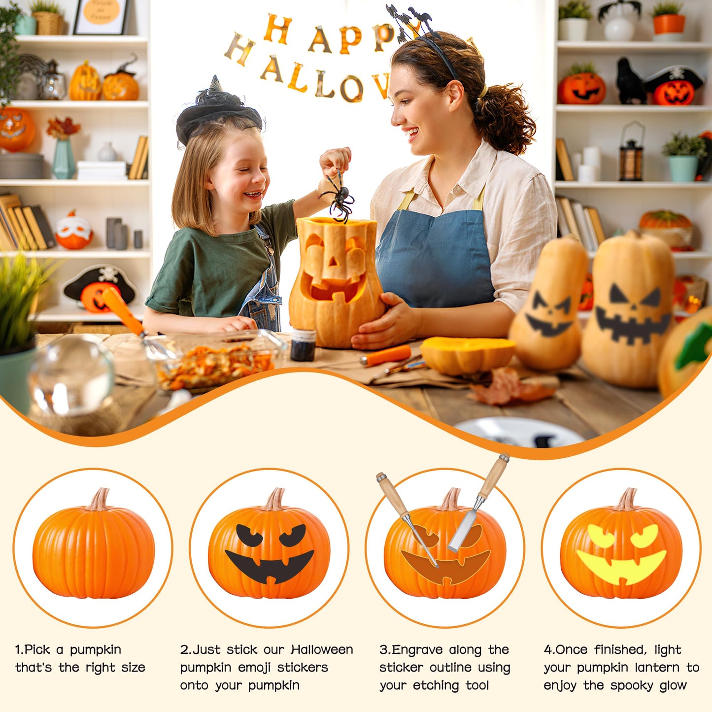 Calidum 90 Designs Pumpkin Decorating Stickers, Jack-O'-Lantern Face Craft Decals, Pumpkin Carving Stickers Kit, Halloween Decorations Supplies Games Gifts Trick or Treat Party Favors for Kids