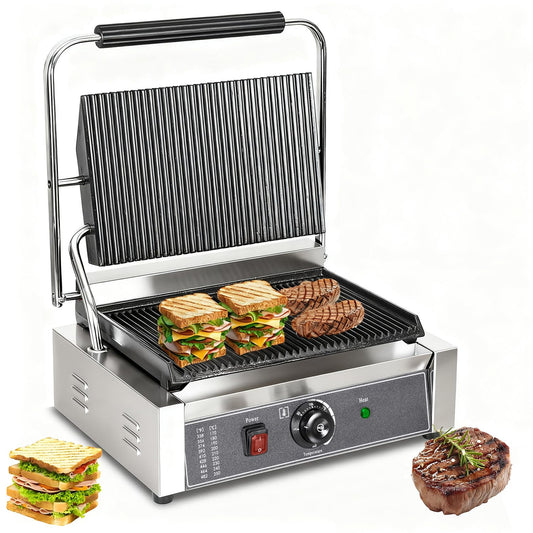 CTJ Commercial Panini Press Stainless Steel Electric Sandwich Maker - 2200W Countertop Panini Press Grill with Temp Control for Sandwich, Burger, Steak, Bacon, Grilled Cheese & Breakfast