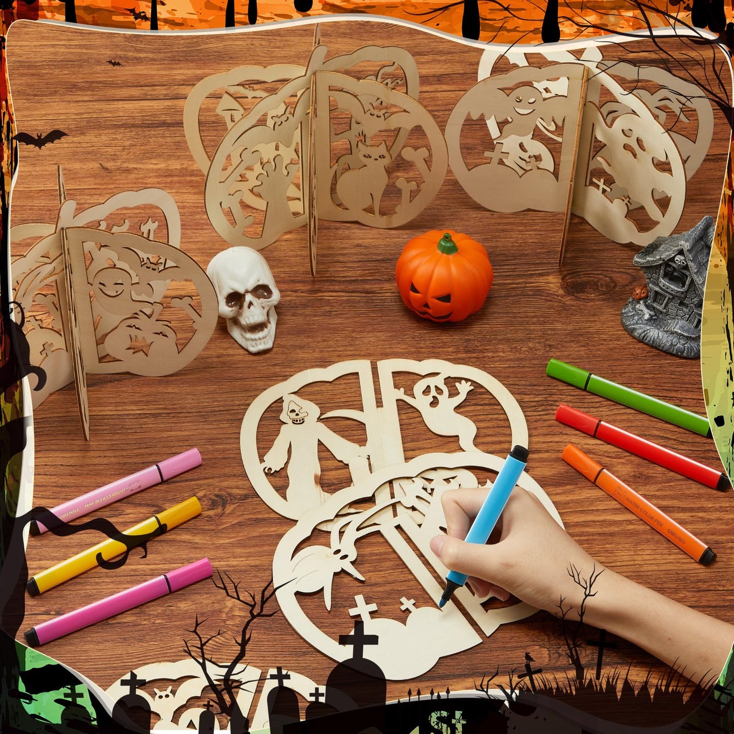 AceOrbit 36 Pcs Halloween Wooden Crafts Kits Pumpkin Bats Spider DIY Unfinished Wooden Slices to Paint 3D Blank Wood Cutouts for Halloween Table Decorations Arts, 6.7" x 7.9"