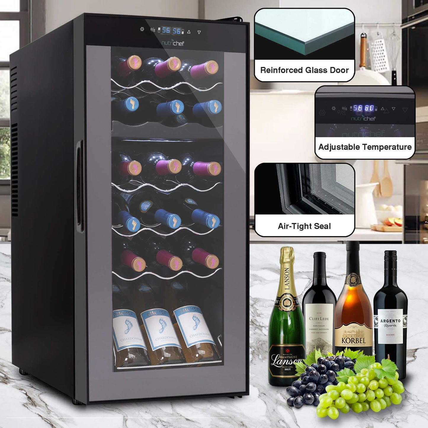 NutriChef 18 Bottle Wine Fridge | Dual Zone Wine Chiller | Adjustable Temperature 41°F to 64°F | Ultra Quiet Operation | Wine Cooler For Home & Office | Free Standing 32x13x19 IN | Black