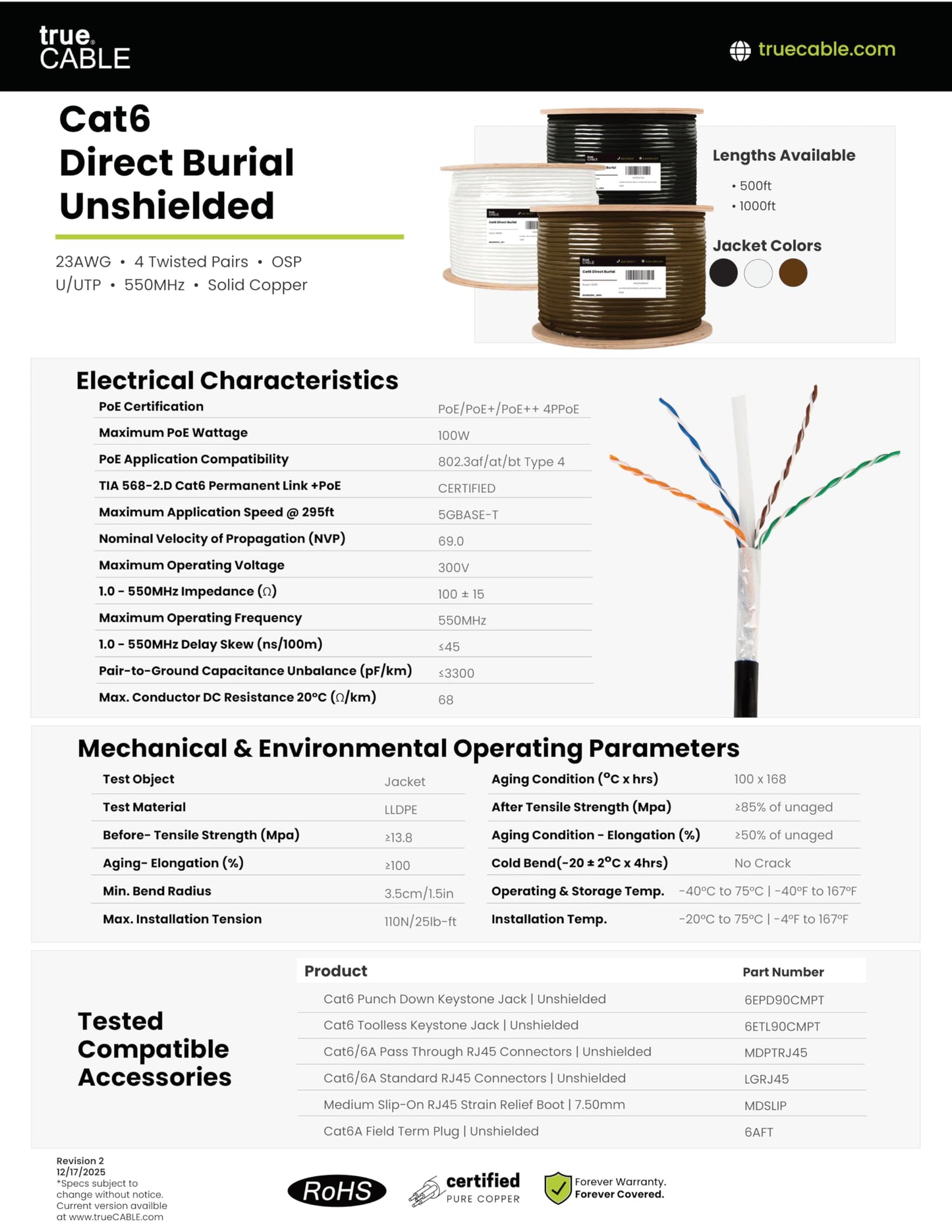 TRUE CABLE Cat6 Direct Burial Outdoor Bulk Ethernet Cable, Unshielded, 500ft, Black, 23AWG Solid Bare Copper, Outdoor OSP Jacket, Waterproof, UV, 550MHz, PoE++ 100W (4PPoE)