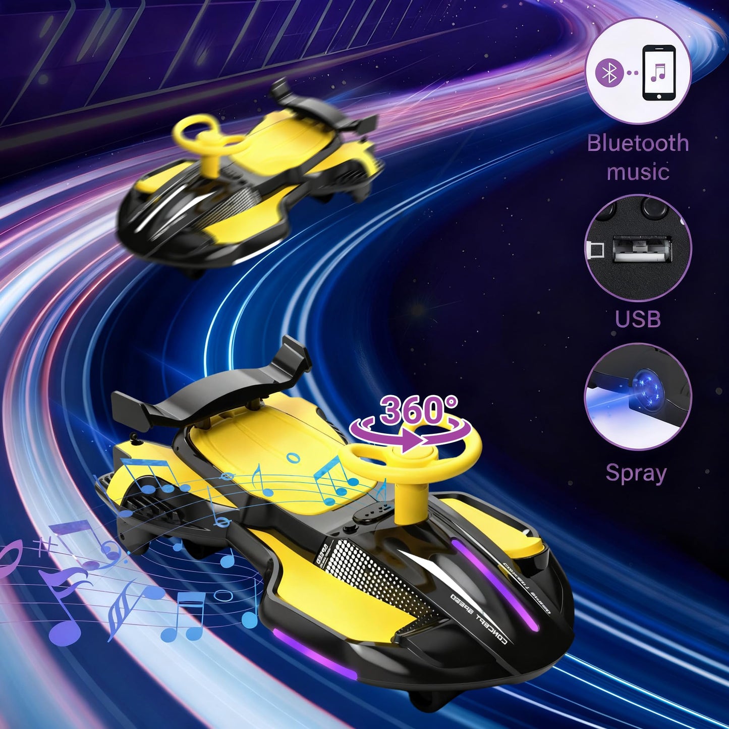 12V Electric Wiggle Car with Pedal for Kids, Rechargeable 2 in 1 Devil Swing Car Toy, Drifting Ride On Car with Backrests, Anti-Rollover, Spray, Flashing Light, Music, Bluetooth, for Ages 3 and Up