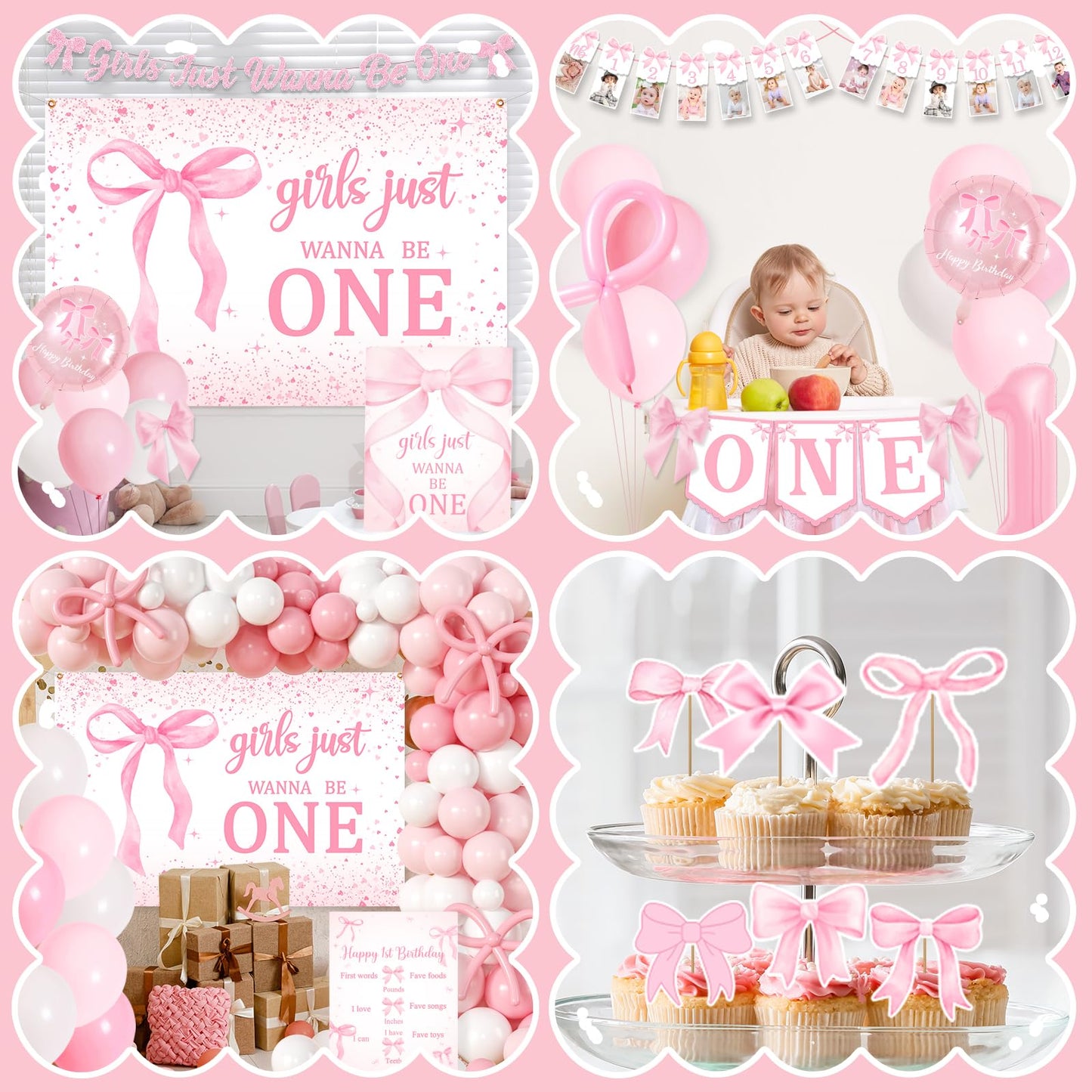 Pink Bow 1st Birthday Decorations, Girls Just Wanna Be One Birthday Decorations Kit Include Pink White Balloon Arch,Backdrop,Banner,Balloon Boxes,High Chair Banner,Bow Tablecloth,Bow Cupcake Toppers