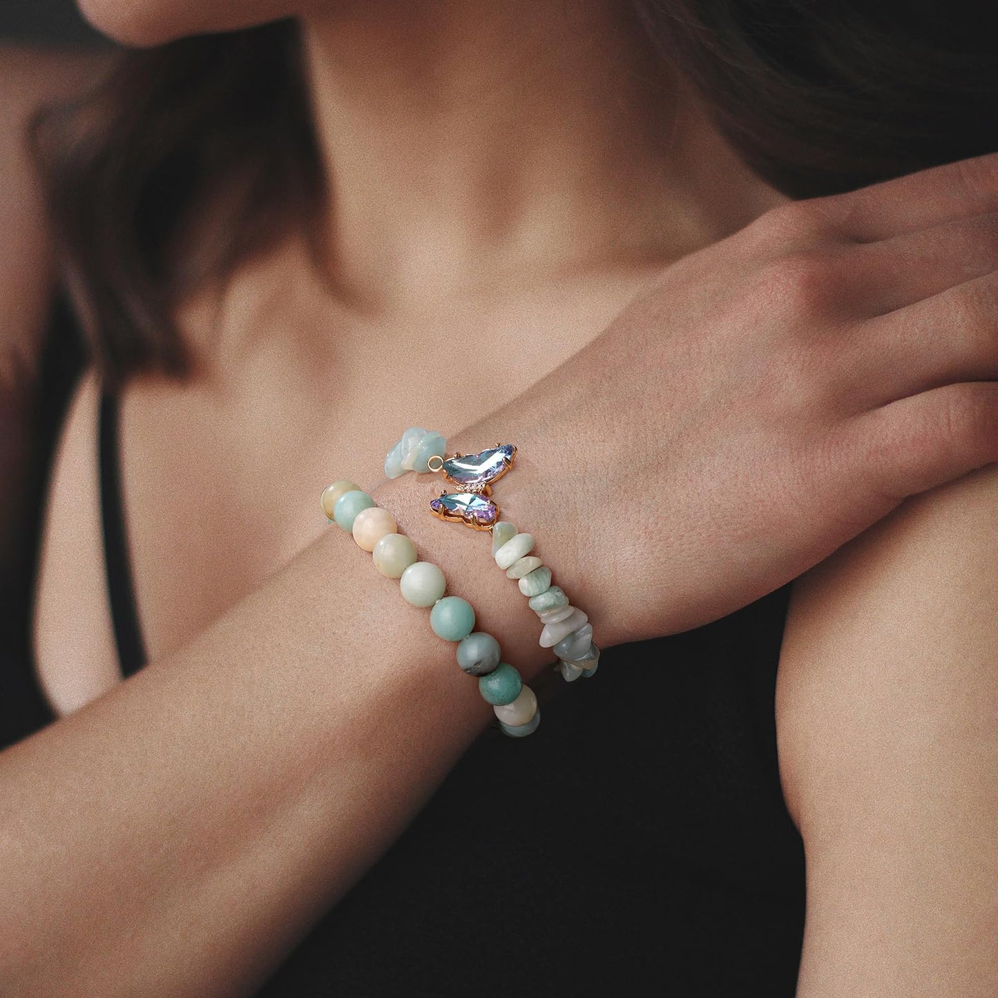 GolbalJew Amazonite Stone Bracelet for Women Healing Crystal Stone Bracelets Blue Gemstone Beads Stretch Bracelet Butterfly Charms Jewelry Women Gift