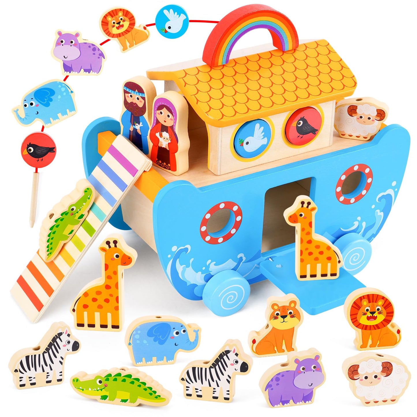 Toddlers Noah's Ark Toys with Wooden Animal Shape Sorters, Baptism Gifts for Girls Boys 2 3 4 Years Old, Montessori Educational Toys for Toddlers, Bible Story Book for Kids Ages 2-4