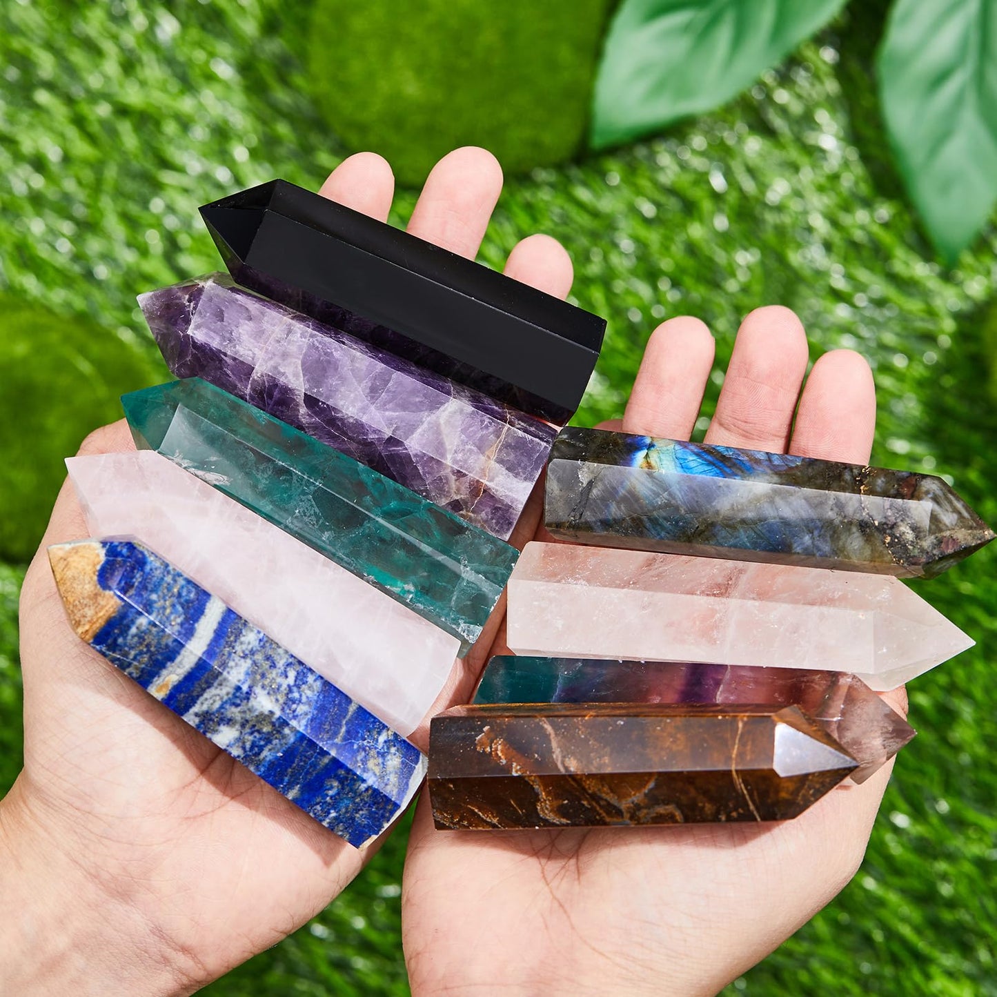 Junkin 9 Sets Healing Crystal Wand, Amethyst Rose Quartz Clear Quartz Tiger Eye Obsidian Fluorite Labradorite Lapis Lazuli for Meditation Crystal Therapy Reiki Supplies(Mixed Color,3.2-3.5 Inch)