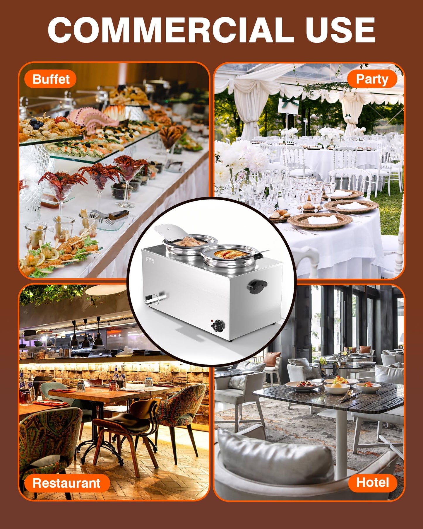PYY Soup Warmer Commercial - Two 9.2QT Stainless Steel Bain Marie Round Pot 86~185°F Adjustable Temp, 1500W Electric Soup Warmer Countertop with Anti-Dry Burn and Reset Button for Restaurant, Buffet
