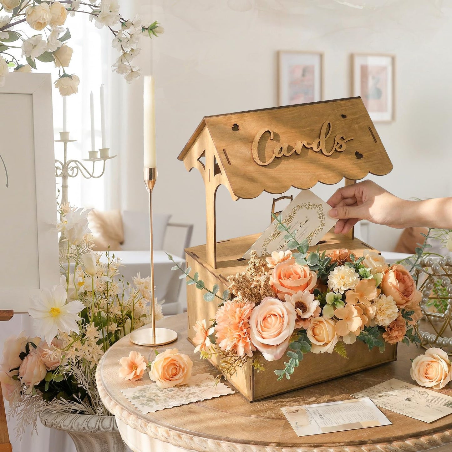 OurWarm Wooden Wishing Well Wedding Card Box with Lock & Flower Trough, Brown Wedding Card Boxes for Reception, Rustic Box for Cards at a Party for Birthday Graduation Baby Shower Reception Decor