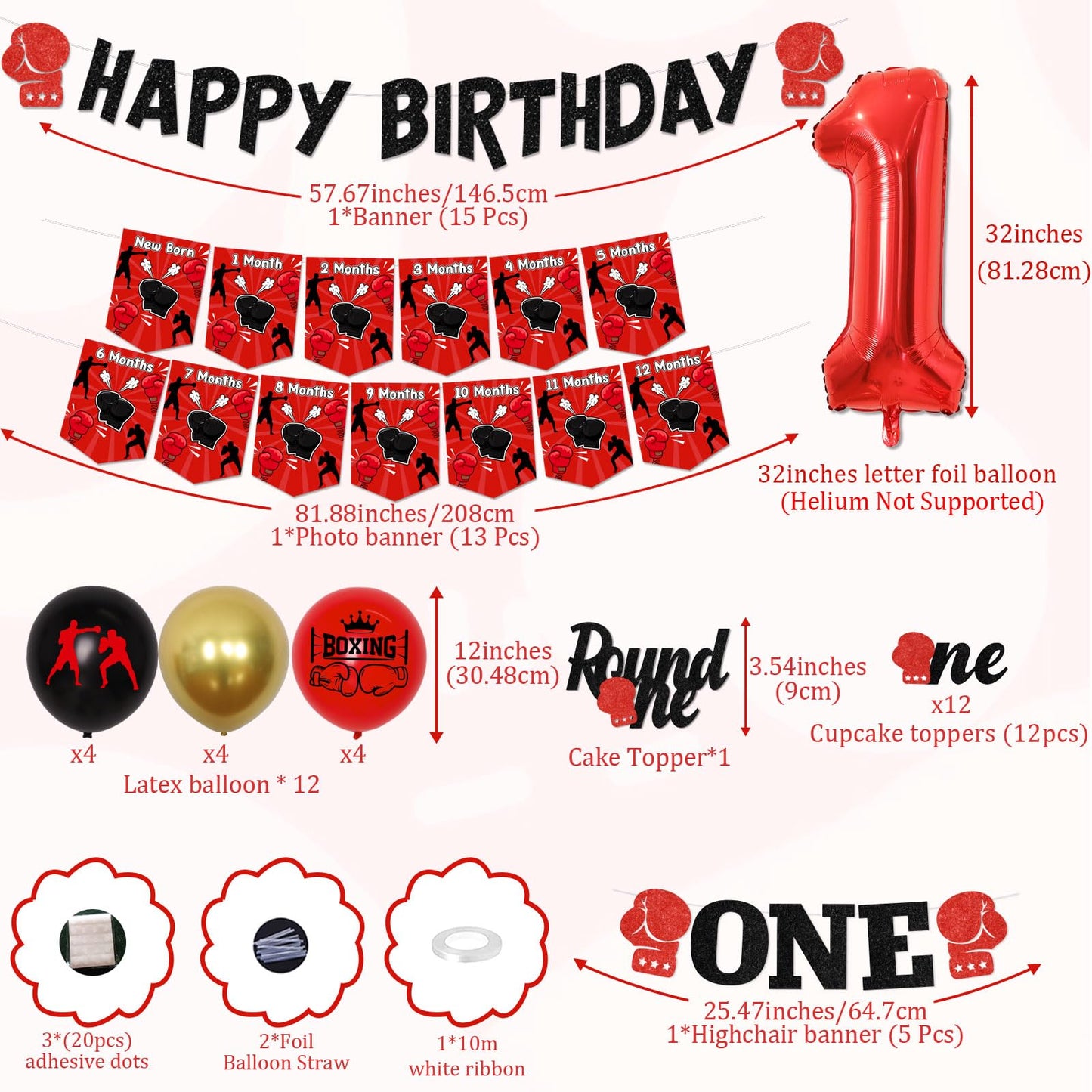 Boxing 1st Birthday Decorations Red Black Boxing Theme Happy Birthday Banner, Photo Banners, High Chair Banner, Round One Cake and Cupcake Toppers, Number 1 Balloons Kit for Boys First Bday Party