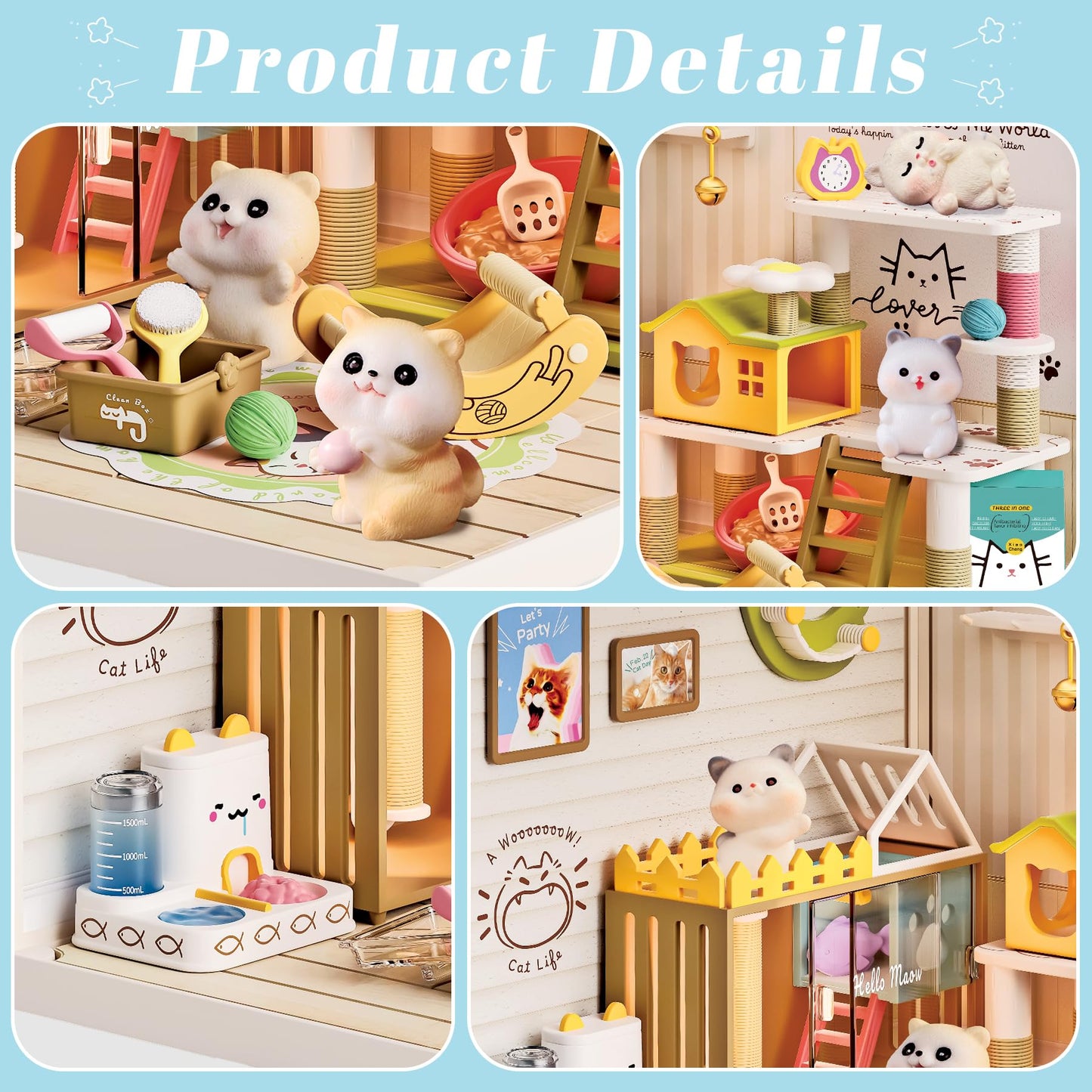 Loyratche DIY Pet Cat Miniature House Kit, Mini Dollhouse with Furniture & LED Light with Roof & Dust Covers Tiny House Toy for Adults