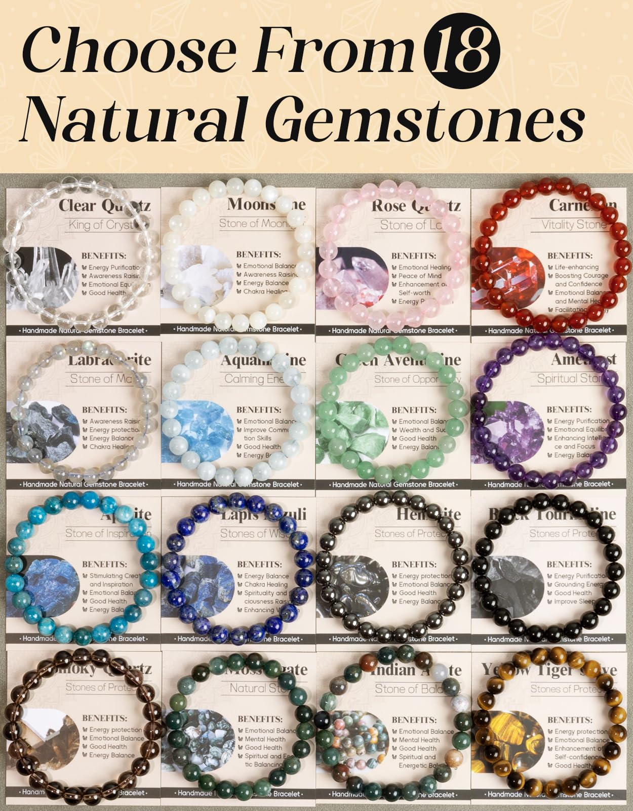 Landorilo Beaded Bracelet for Men Women, 8mm Natural Stone Aquamarine Healing Crystal Stretch Bracelets, Ideal Christmas Birthday Jewelry Gifts with Energy Card，Replacement Beads Included