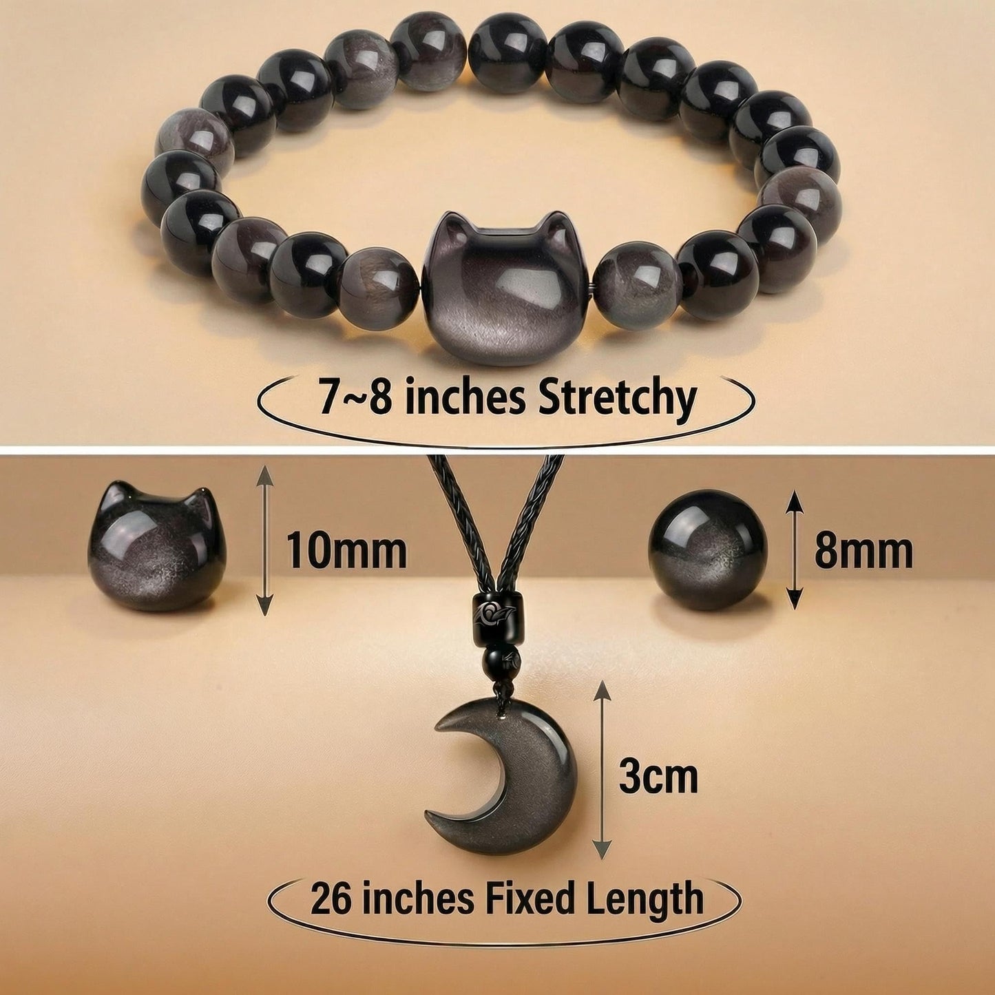 Black Obsidian Cat Bracelet and Moon Pendant Necklace Jewelry Set-Cat Lover Gifts,Wealth Attraction,Good Luck,Bead Bracelet,Mindfulness,Beaded Bracelets, Obsidian Pendant Necklace-Cute Gifts for Women
