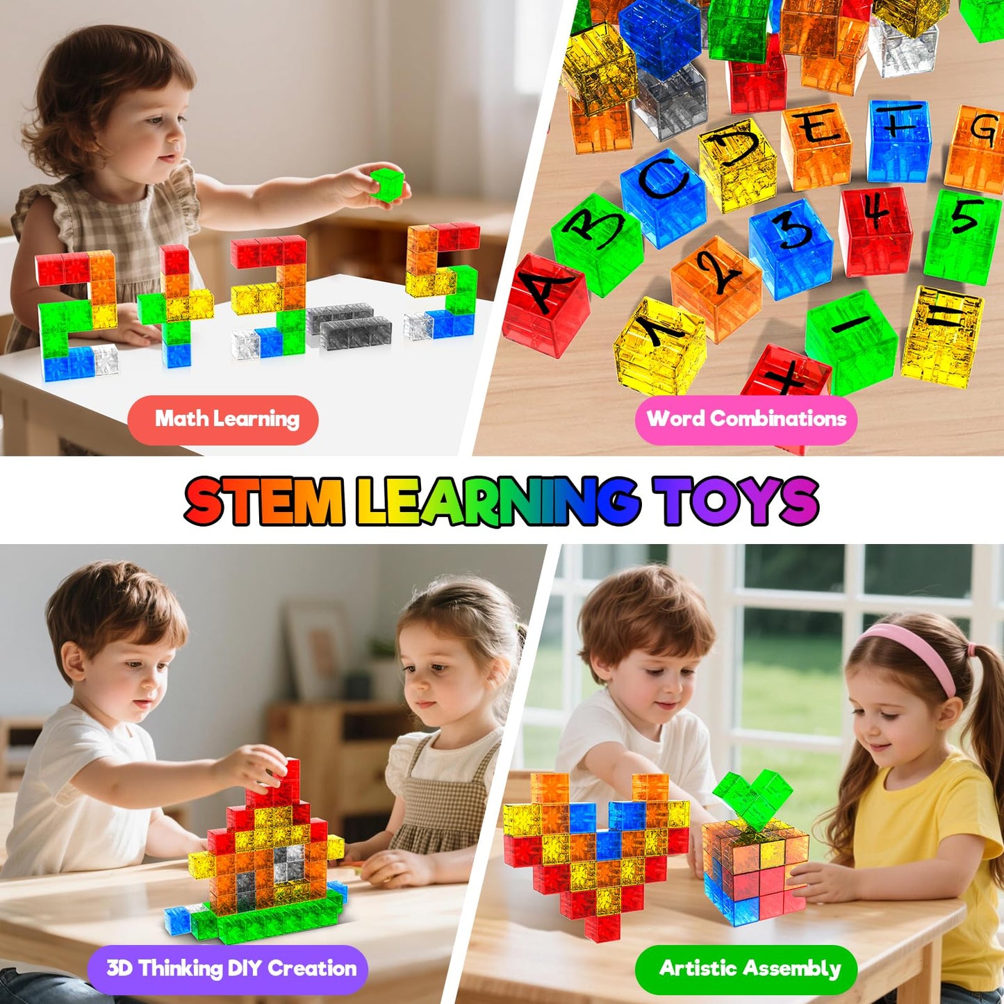 Annexfun 56PCS Magnetic Blocks - Transparent Magnetic Cubes, Toddlers Building Blocks,Montessori Preschool STEM Educational Sensory Toys for Kids Ages 3+ Boys & Girls Birthday Gifts (1IN)