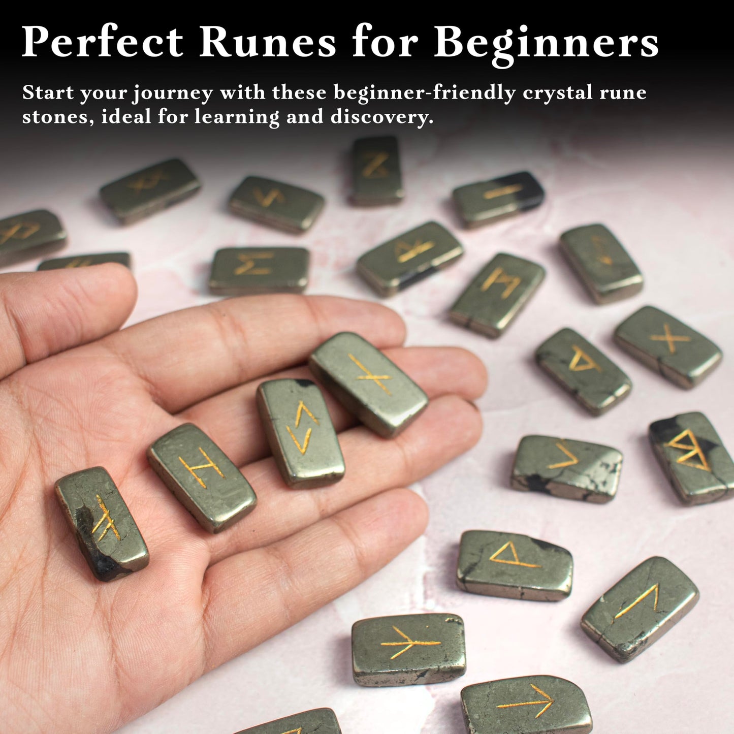 Crocon Golden Pyrite Rectangle Shape Gemstone Runes with Elder Futhark Alphabet Engraved 25 pcs Rune Set Crystal Divination Healing Chakra Reiki Runes Set with a Pouch Size : 20-25mm