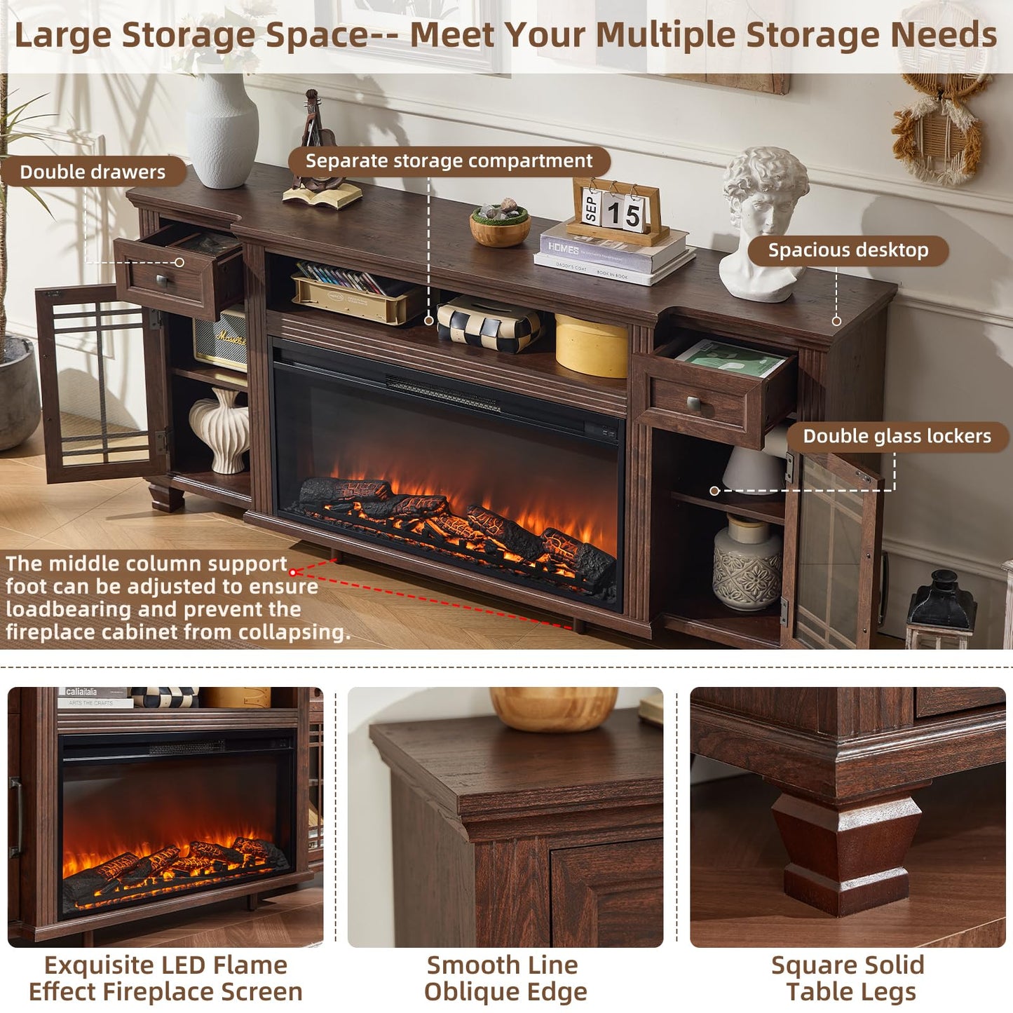 SAVOR LIFE 70" Fireplace TV Stand with 36”Silent Electric Fireplace, Farmhouse Entertainment Center for TVs up to 80", 2 Drawers TV Console with Glass Door Cabinet, Walnut TVs Cabinet for Living Room