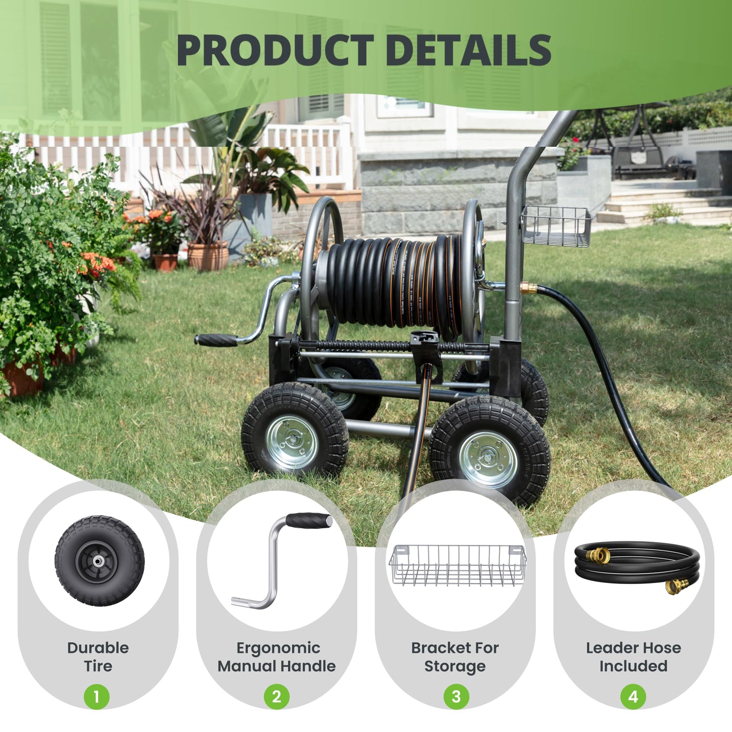 Giraffe Tools Garden Hose Reel Cart, Cart with Wheels Heavy Duty, Industrial Hose Reels for Outside, 250-Feet of 5/8" Hose Capacity, Hose Guide Pre-Installed