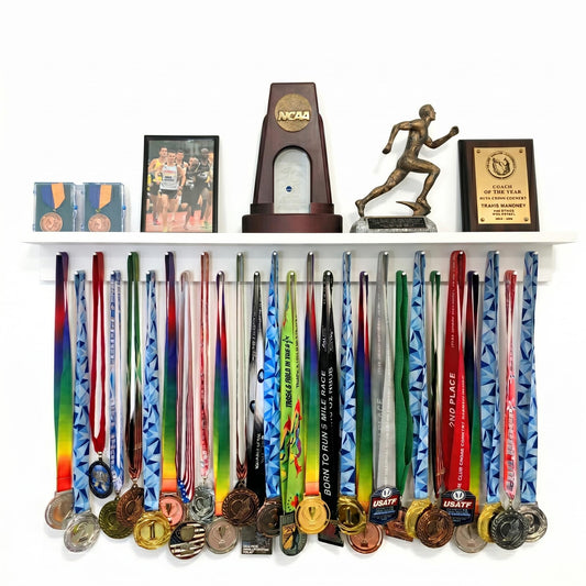 3ft Medal Hanger Display for Wall — Trophy Shelf with Hooks for Medals — 36" Solid Wood — Holds 30+ Medals + Cased Medals for Running, Gymnastics, Cheer, Karate — White- Medal Awards Rack
