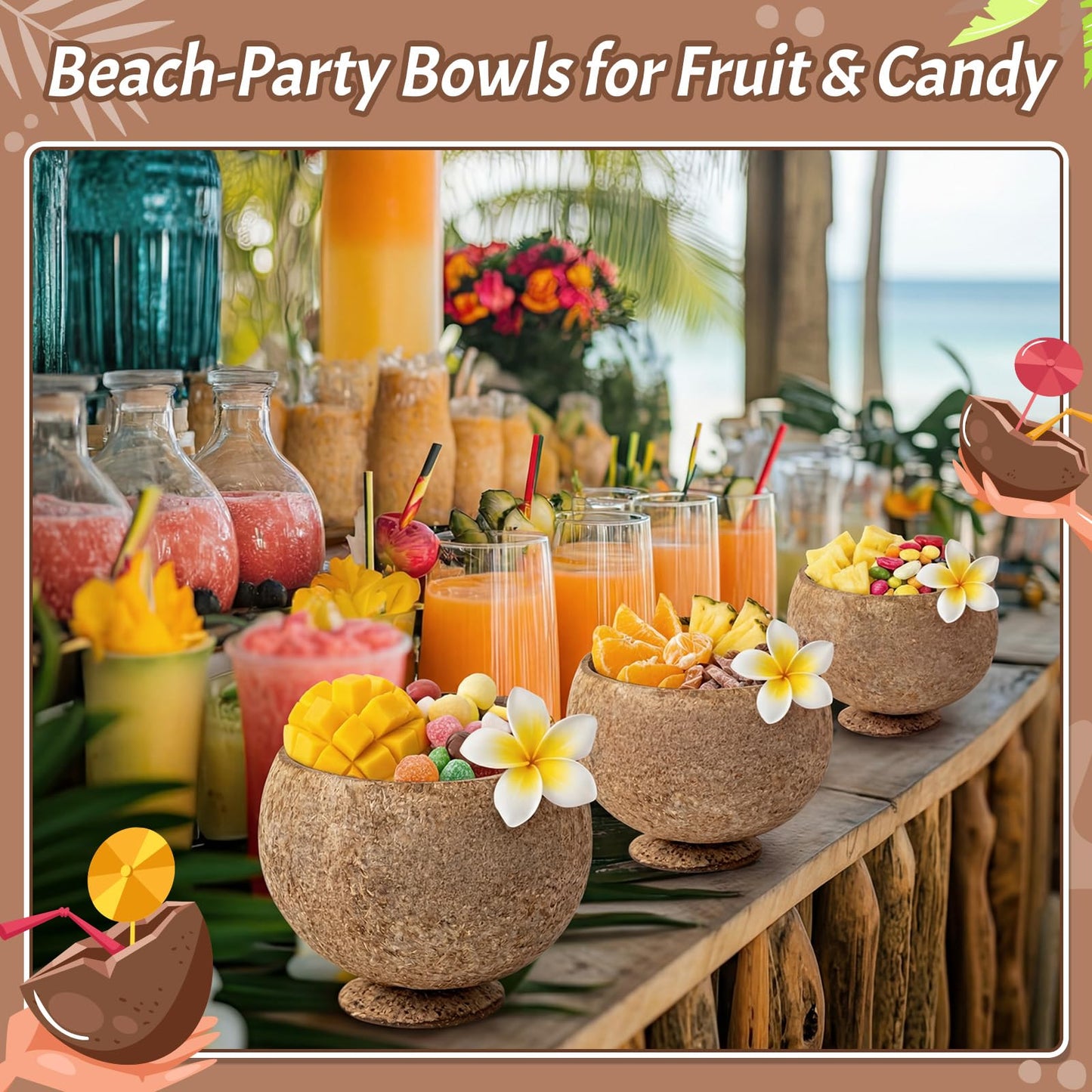 Hushee 12 Pcs Natural Coconut Shell Cups for Party Real Coconut Bowls for Hawaiian Luau Party Supplies, Tropical Tiki Decorations & Candy Buffet Favor Holders