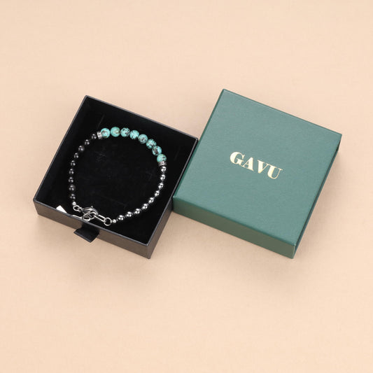 GAVU 6mm Triple Protection Bracelet, Men's Crystal Bracelet, Hematite Obsidian African Turquoise Bracelet for Men