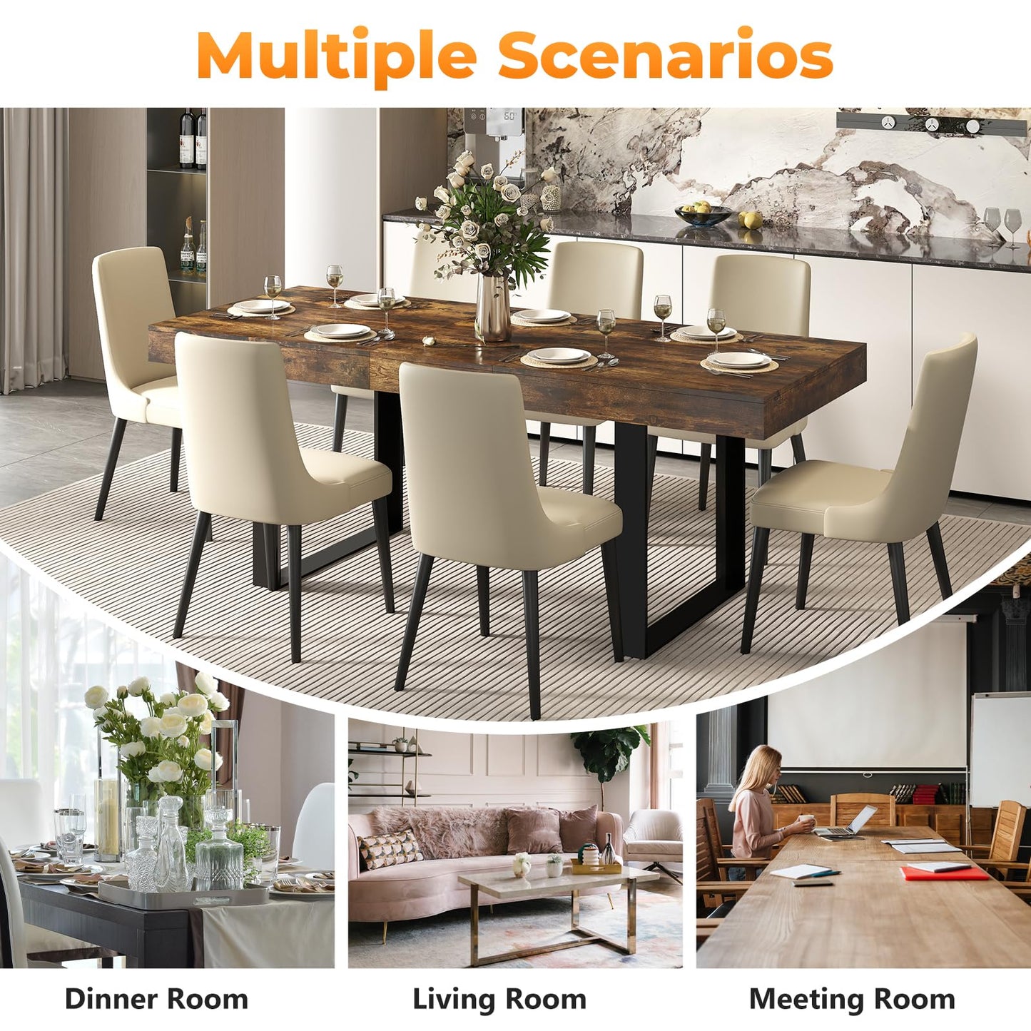 Zevemomo 63"-78.7" Rectangular Extendable Dining Table, 6-8 Extendable Dining Table, Conference Table, Kitchen Table with Slide Track, Tapered U-Shaped Wood Legs for Office, Living Room-Rustic Brown