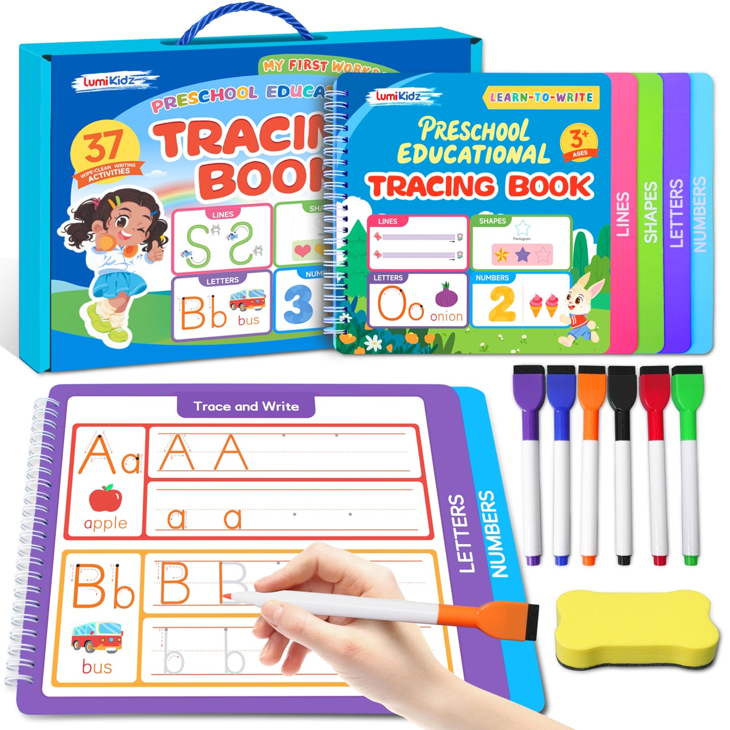 Lumikidz Preschool Learning Activities - Toddler Handwriting Practice and Tracing Books for Kids Ages 3-5, Montessori Busy Book, ABC Letter Number Workbooks, Autism Educational Gift for Boys and Girls