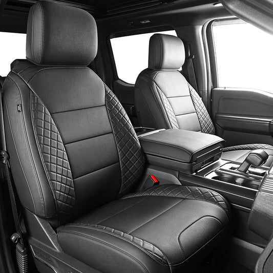 TGKUD F150 Seat Covers, Custom Fit Ford 2021-2025 F 150 XL XLT STX Super Crew Cab, 2023-2025 F250 F350 F450 XL XLT Crew Cab, Full Set, Leather, Black (NOT for 40/20/40 Bench Front Seat)