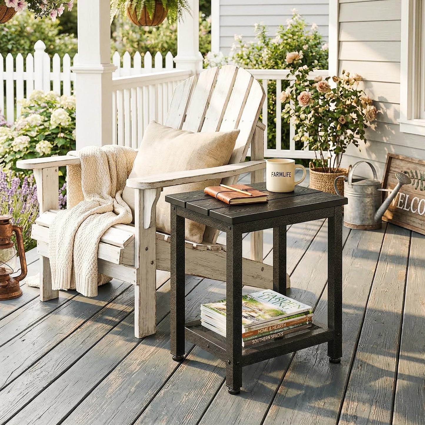 ODK Outdoor Double Side Table, Adirondack Patio End Table with Weather-Resistant Waterproof Top for Hot Tub Garden, Balcony, Poolside, Black