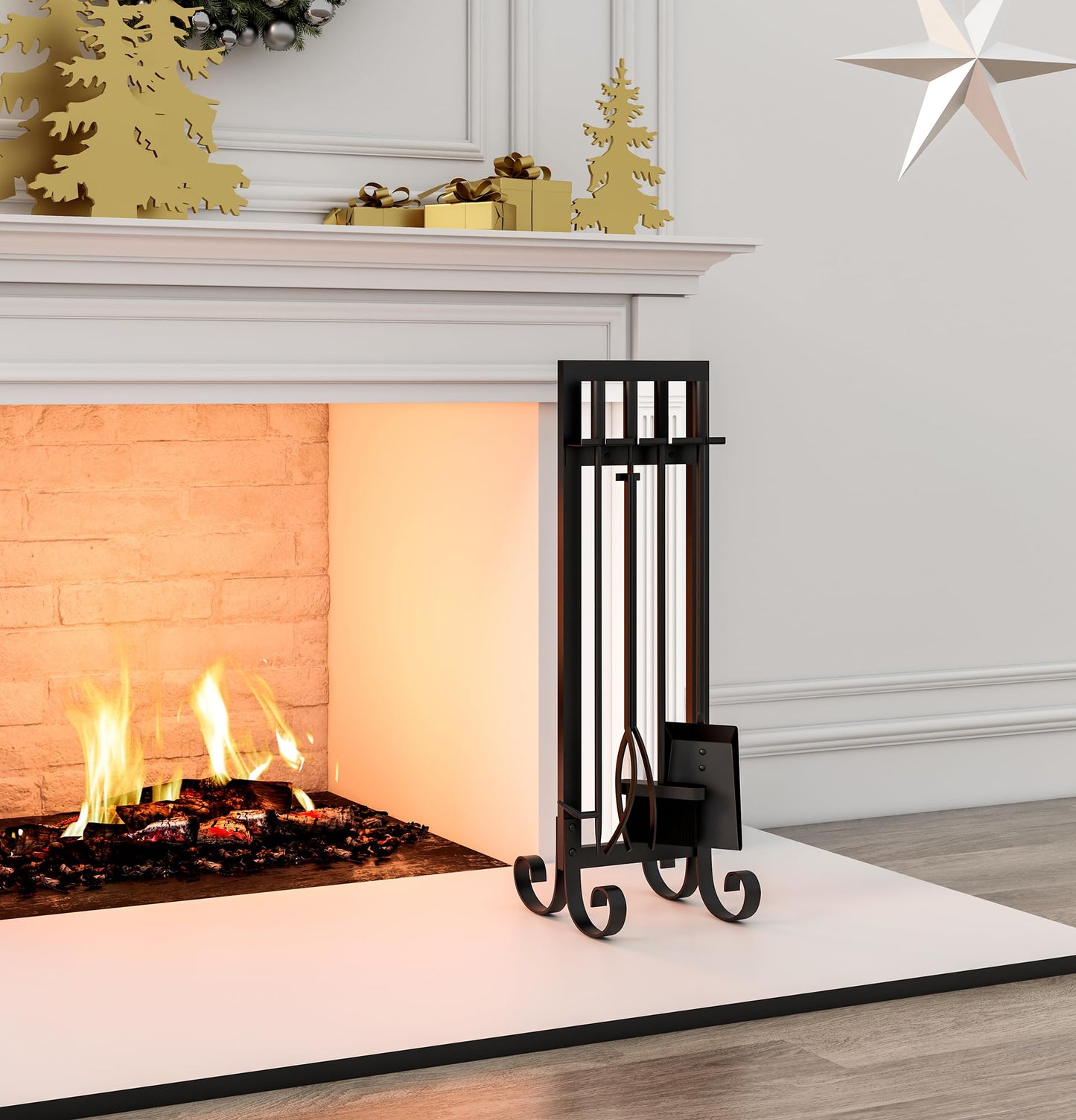 CALIDOLA 5 Pieces Wrouhgt Iron Fireplace Tools Set,31-Inch Modern Black Outdoor Indoor Fireplace Companion Set Stove Hearth Accessories with Poker, Tong, Shovel, Brush