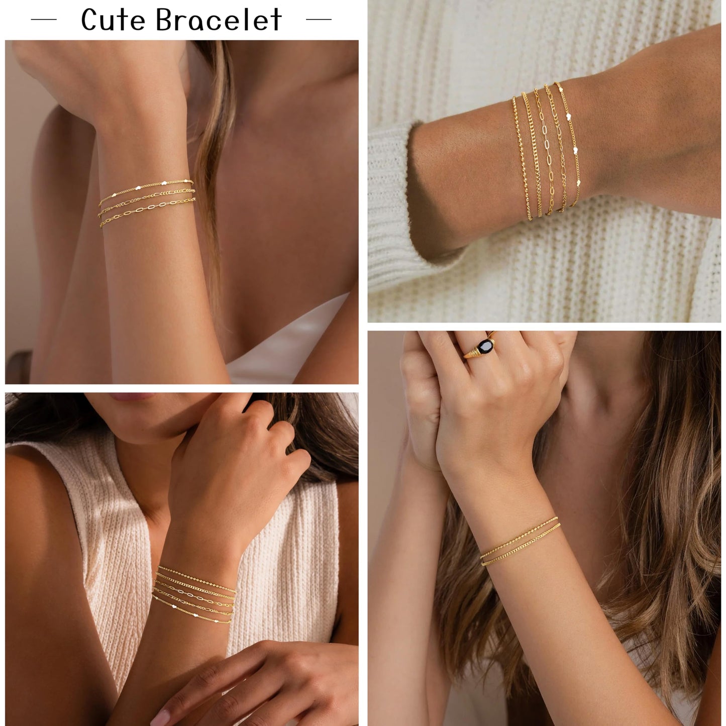 Gold Bracelets for Women Waterproof, Gold Dainty Jewelry Sets Gifts for Women, Stackable Layered Simple Thin Beaded/Cuban/Paperclip/Heart/Figaro Bracelets for Women Fashion Accessories