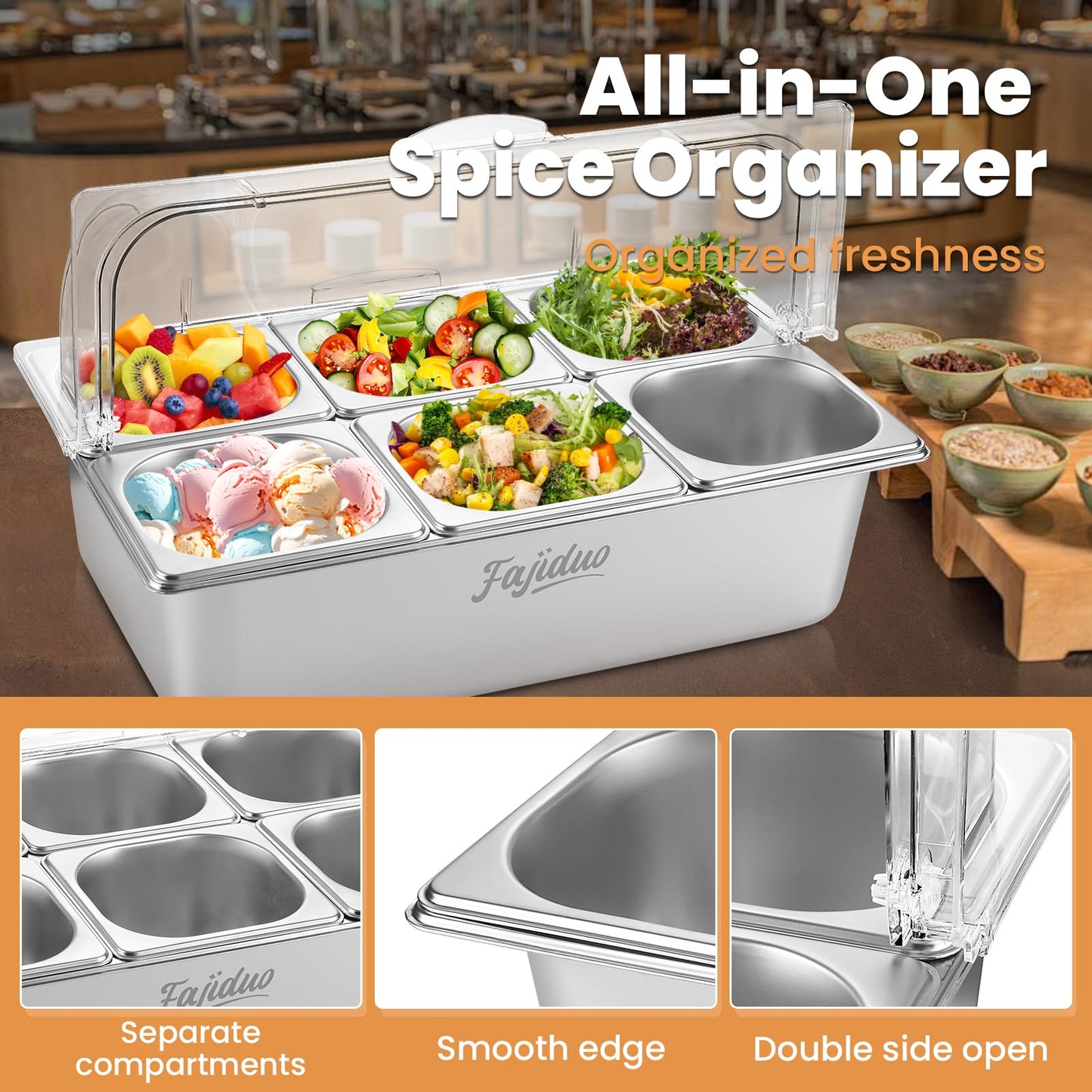 Countertop Ice Food Serving Display Container, Spice Display Salad Dressing Cooler, Stainless Steel Food Serving Tray Buffet Condiment Dispenser with Clear Roll Top Cover, Clamps, Spoons, Ice Box