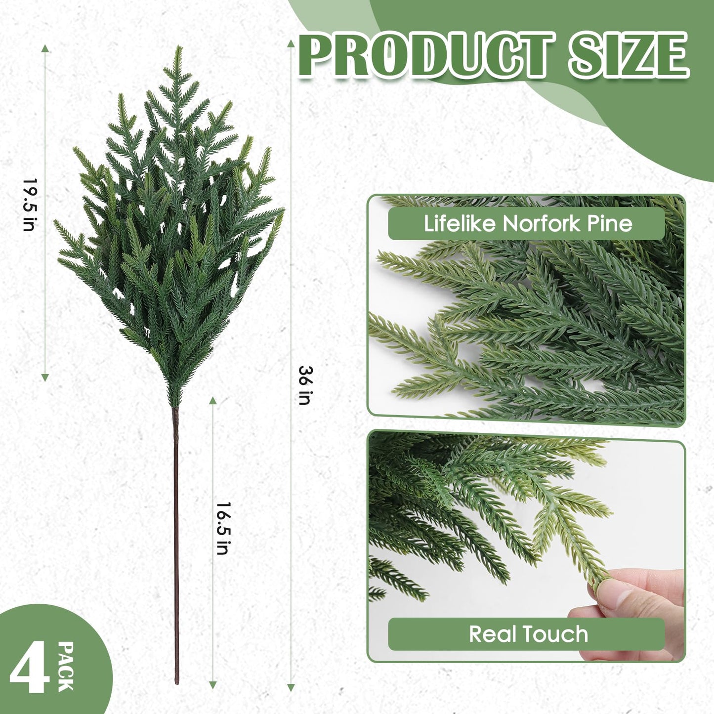 Lofeijxufj 36 Inch Real Touch Norfolk Pine Branches, 4 Pcs Artificial Faux Cedar Pine Greenery Stems for DIY Christmas Wreath Garland Vase Filler Home Garden Indoor Outdoor Holiday Party Decorations