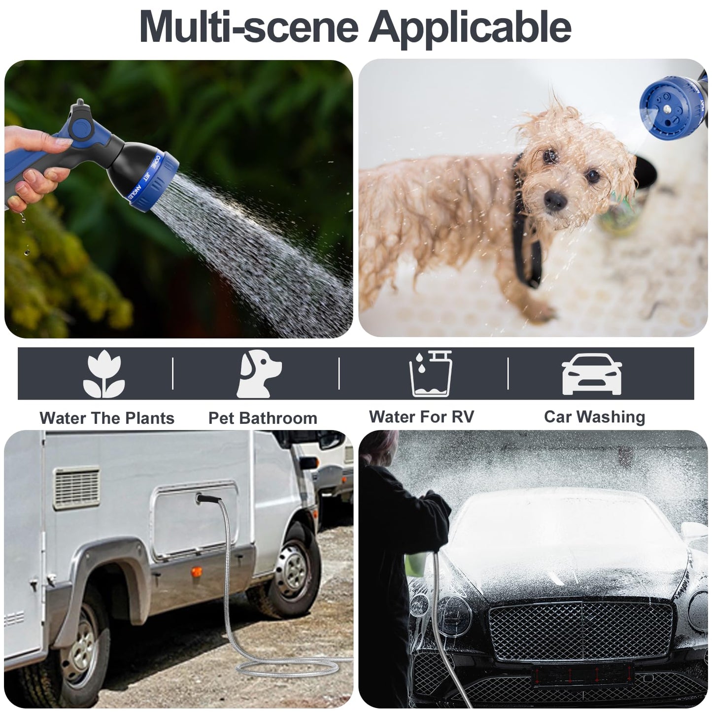 SPECILITE 50ft 304 Stainless Steel Garden Hose Metal, Heavy Duty Water Pipe with Nozzles for Yard, Outdoor - Flexible, Never Kink & Tangle, Puncture Resistant (Sliver)