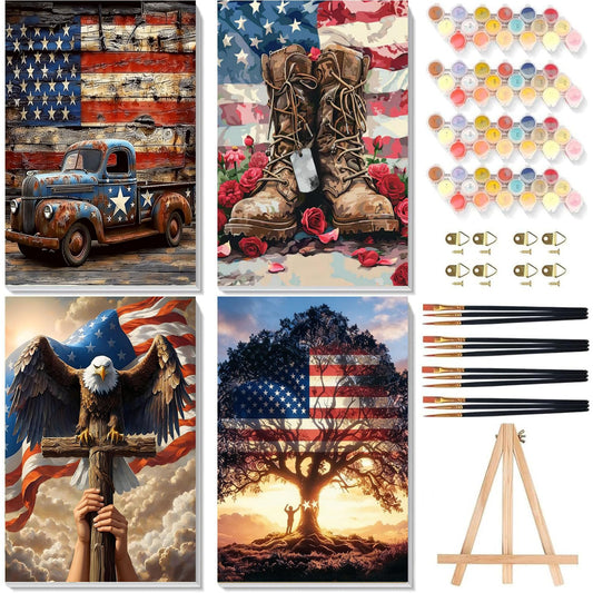 4 Pack Framed Paint by Numbers Kit for Adults Beginners-DIY Independence Day Adult Paint by Number Kits on Canvas Framed,4th of July Acrylic Oil Painting Kits for Adults for Gift Home Decor(8x12inch)
