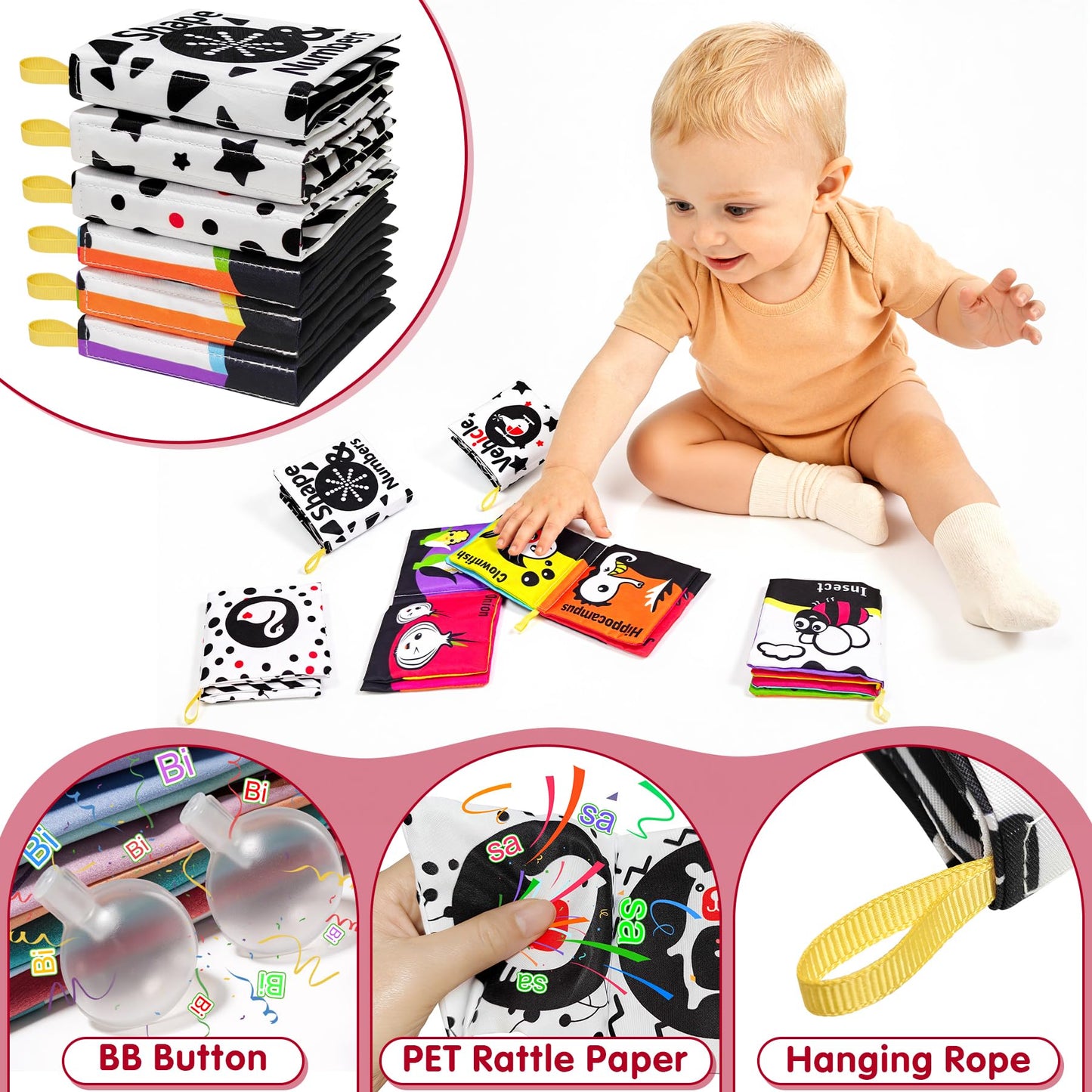 6 PCS High Contrast Black and White Crinkle Cloth Books for Infants 0-3 3-6 Months, Tummy Time Soft Book,Montessori Sensory Toys for Brain Development, Baby Educational Toys Gift for Boys Girls