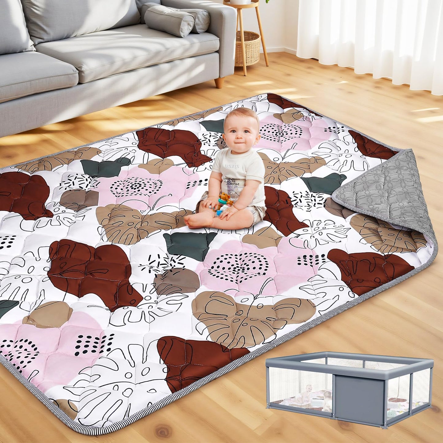 65x50 Playpen Mat for Baby Crawling: Large Baby Play Mat for Kids Infants, Toddler, Soft Non-Slip & Washable Baby Floor mat, Foldable Playmat for Indoor & Outdoor, Boho Design