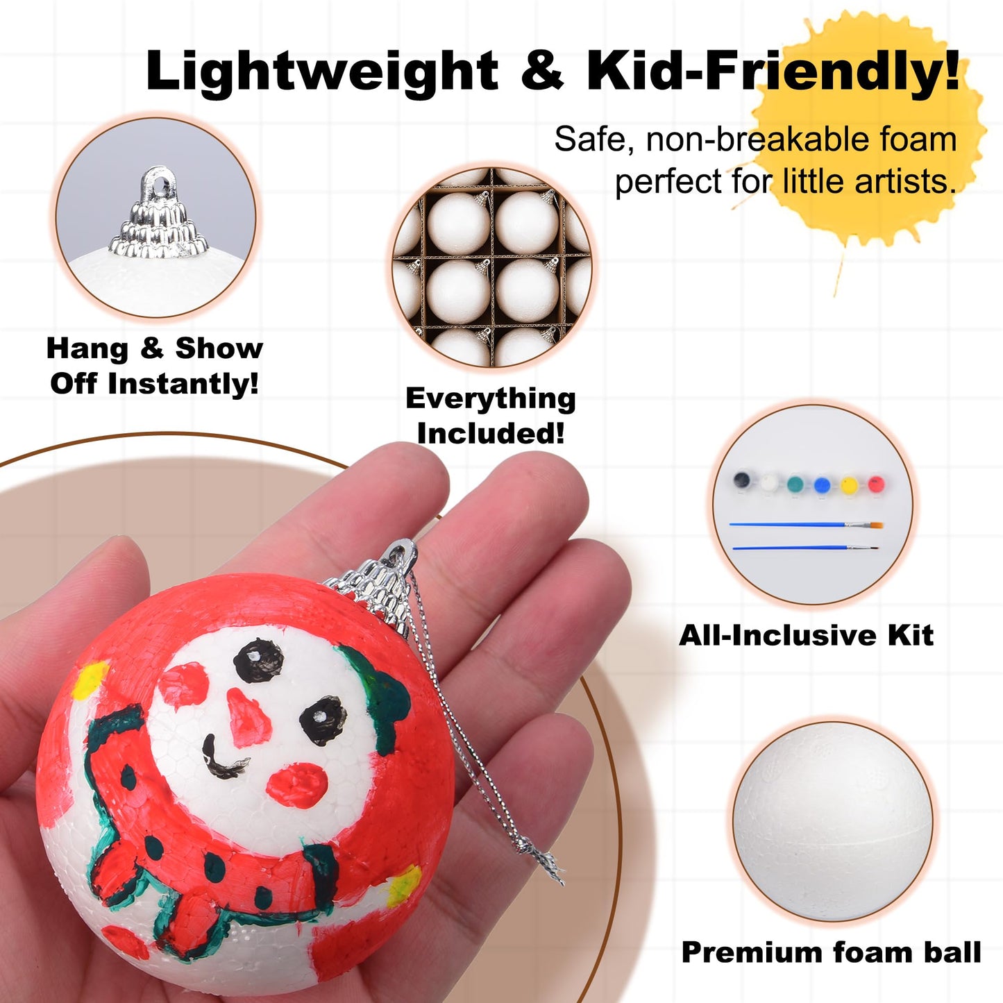 Aezhuvoal DIY Decorative Hanging Ornaments Foam Ball Kit with Paints & Brush - 20 Pack White Round Craft Foam Balls with Strings for Christmas, Halloween Holiday Decorations, Gift Idea