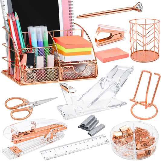Gold Desk Organizers and Accessories,Office Supplies for Desk,13PS Set with Acrylic Stapler,Tape Dispenser,Staple Remover,Pen Holder,Clips,Scissor, Phone Holder,Pen