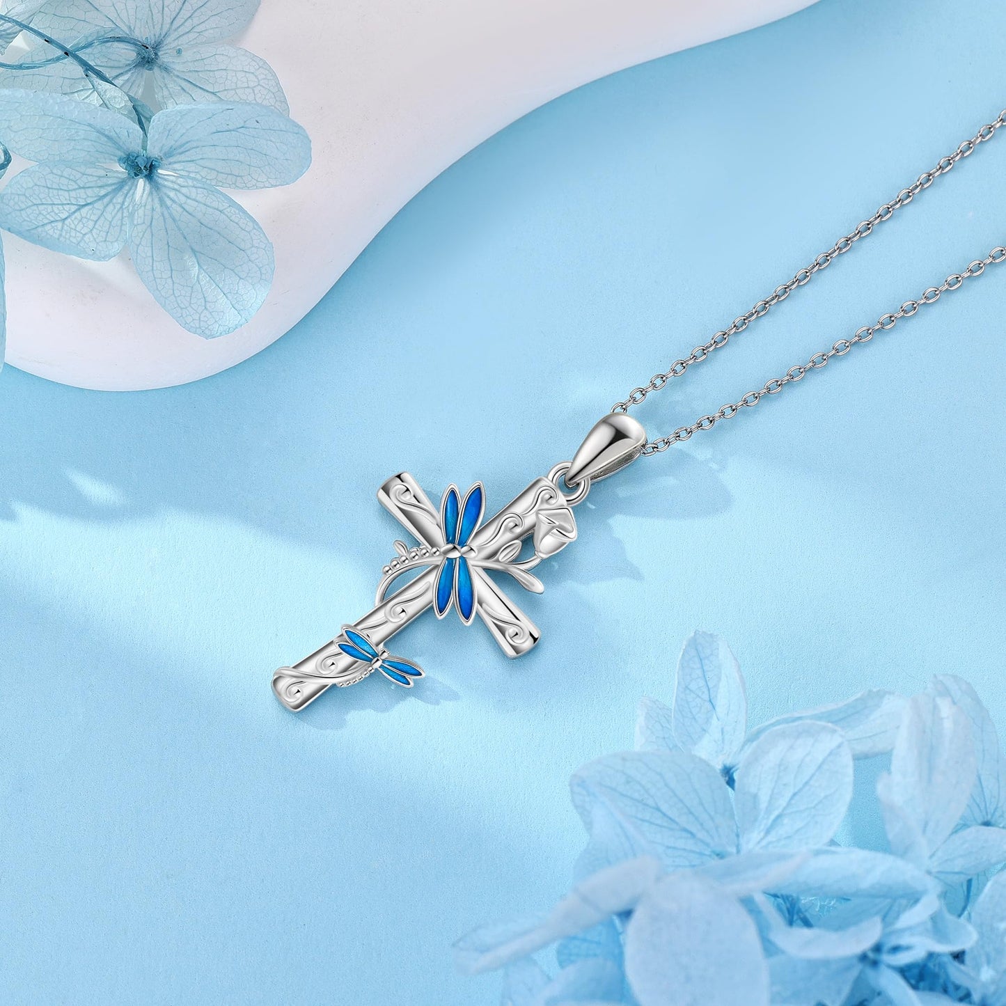 AXOMY Dragonfly Cross Necklace 925 Sterling Silver Cross Pendant Rose Necklace Dragonfly Jewelry Gifts for Women