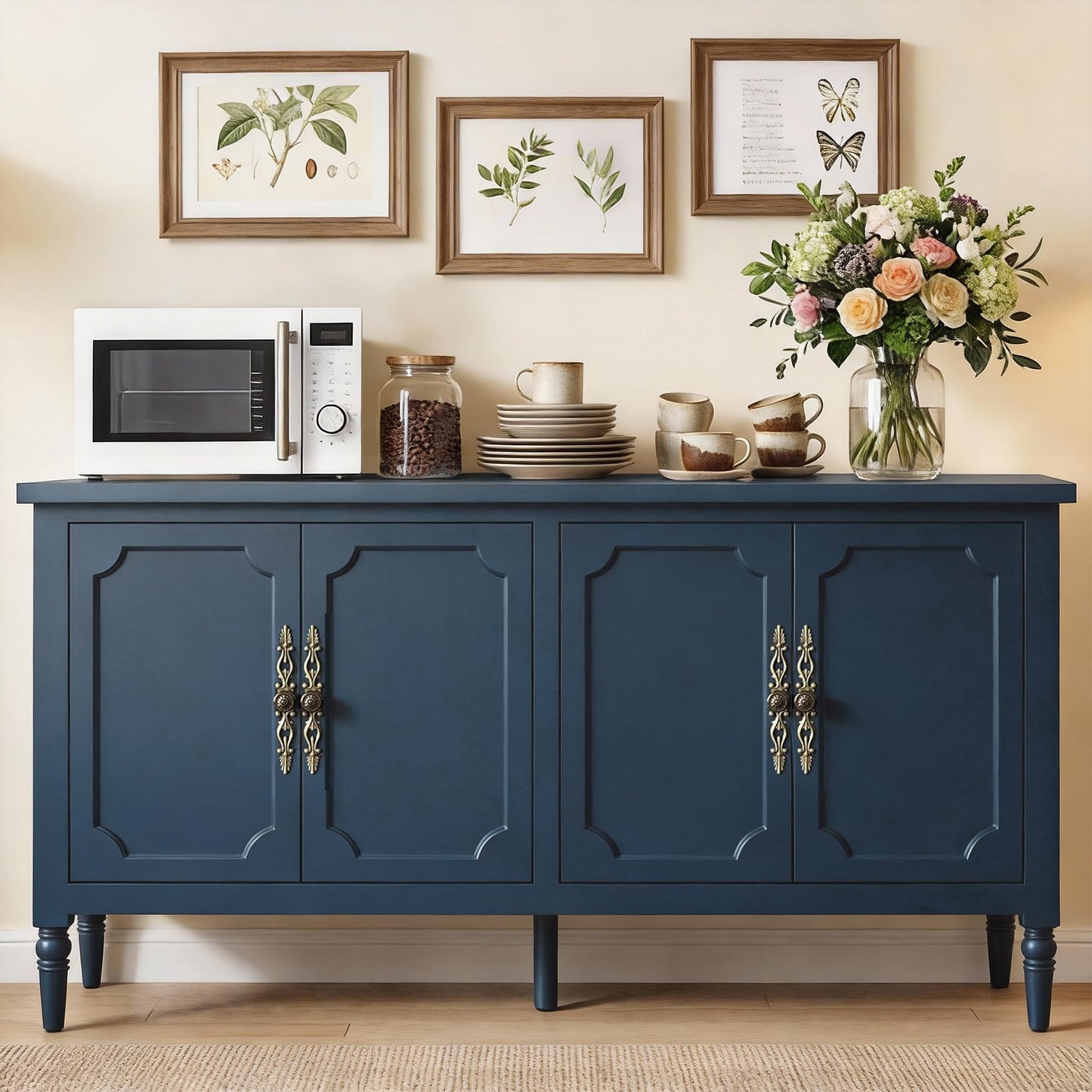 RoyalCraft 59" Buffet Cabinet with Storage, Vintage Sideboard with Adjustable Shelves & Carved Handle, Mid Century Modern Painted Credenza Coffee Bar for Kitchen, Dining Room, Navy Blue