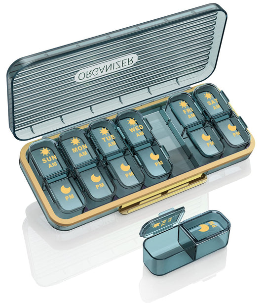 Am Pm Pill Organizer, Weekly Pill Box 2 Times A Day - Acedada 7 Day Pill Organizer with 7 Separate Containers, Portable Daily Medicine Dispenser Case for Vitamin, Fish Oils, Supplements, Stylish Blue