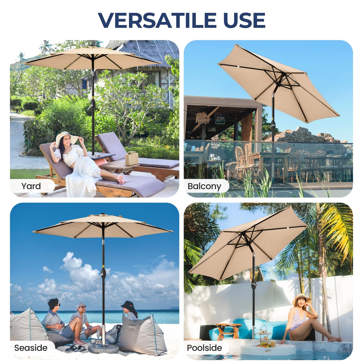 Wisteria Lane Outdoor Patio Umbrella, Market Umbrella, Large Outdoor Umbrella, Metal Pole Umbrella with Push Button Tilt and Crank, Polyester Canopy, Beige