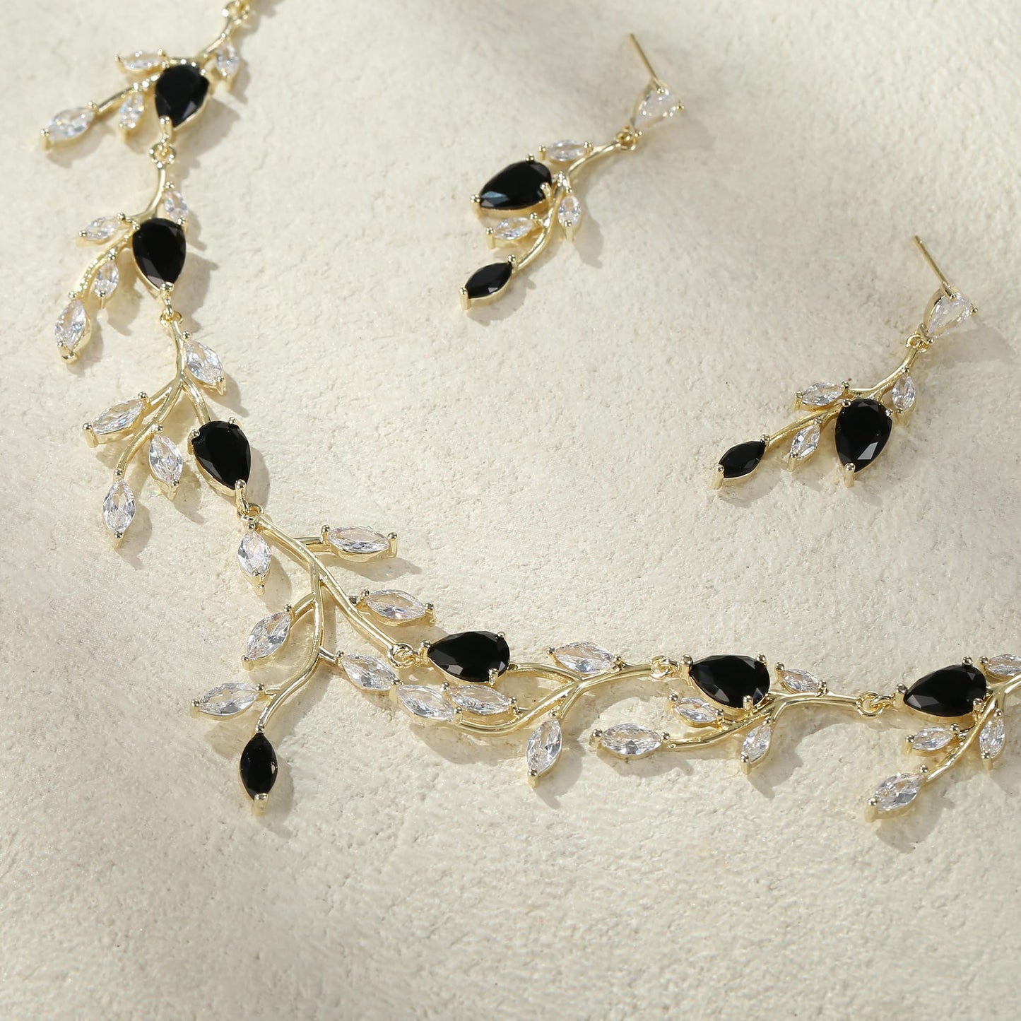 EVER FAITH Wedding Jewelry for Bride Women Bridesmaid, Sparkly Black Cubic Zirconia Pear-Shaped Birthstone Leaf Necklace Earrings Set for Prom Gold-Plated-Brass